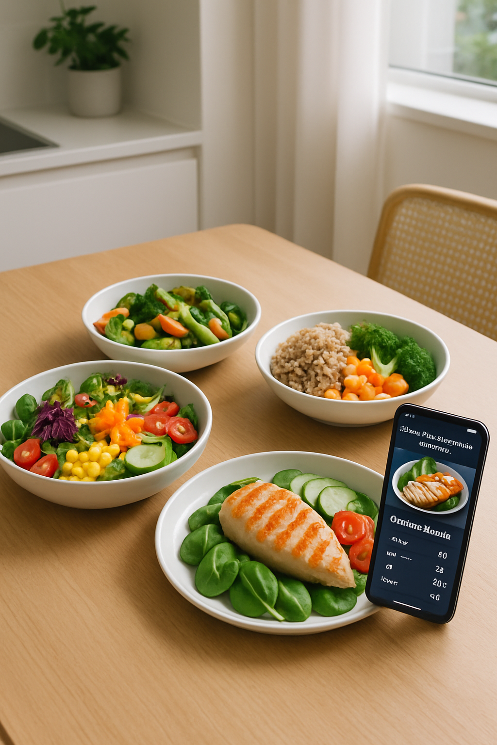 A smartphone showing the SnapEat AI meal tracking app analyzing a photo of a healthy meal with salmon and vegetables.