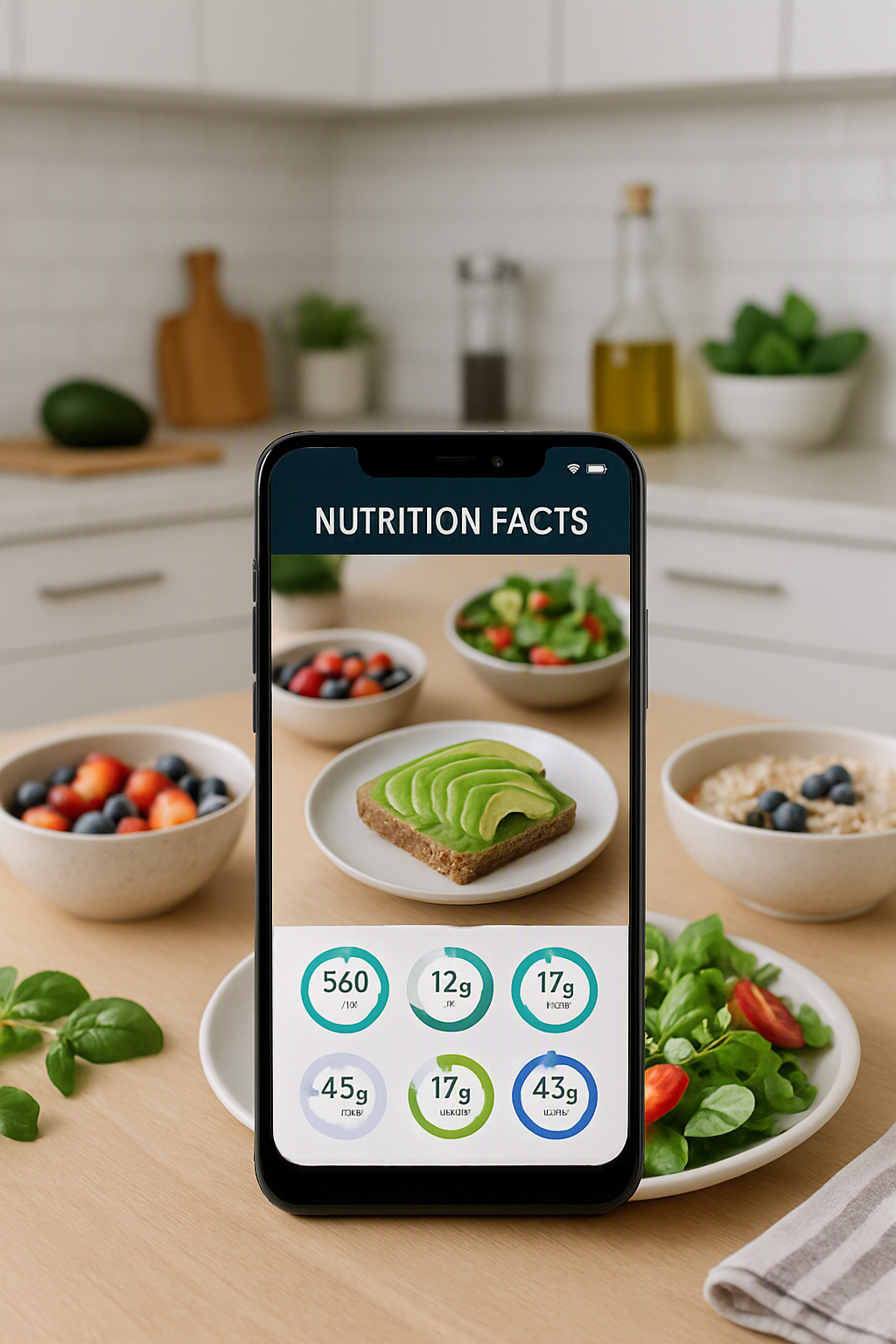 A wellness influencer using the SnapEat AI food recognition app on her phone to analyze a healthy salad, demonstrating AI for influencer marketing.