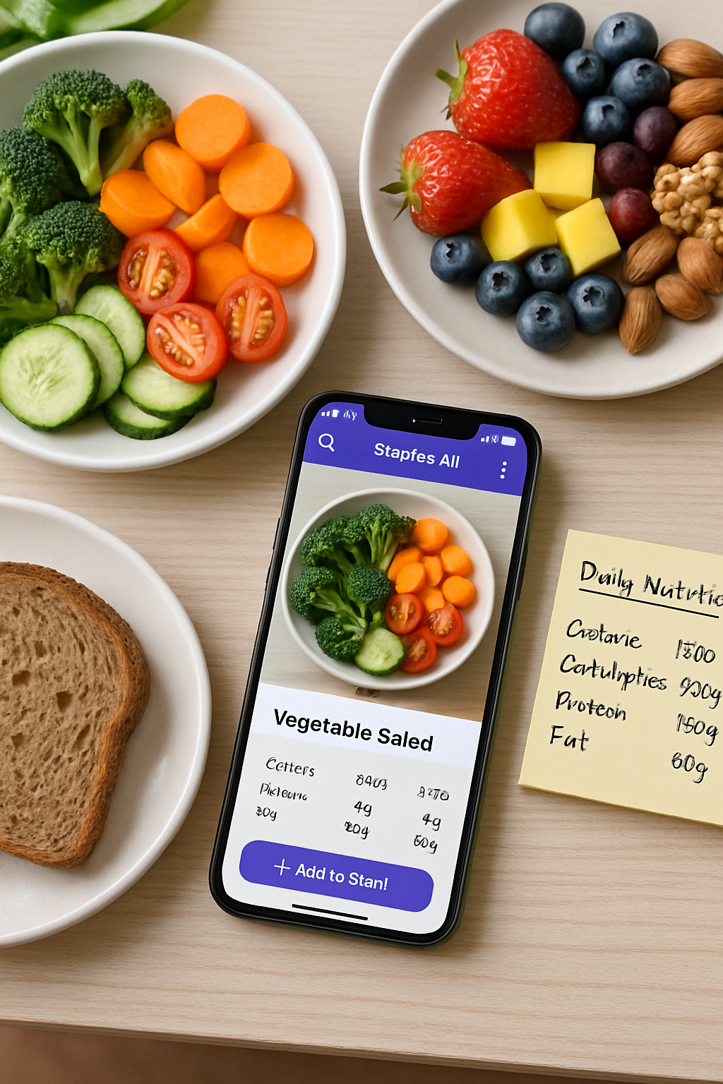 A smartphone displaying the SnapEat AI app interface with a detailed nutritional analysis next to a colorful, healthy meal on a plate.