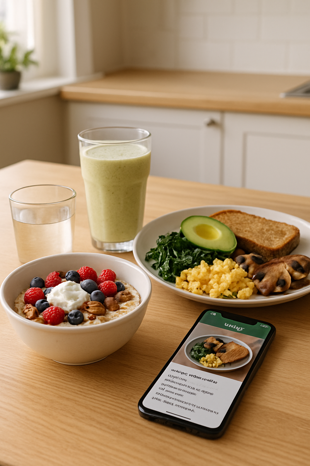 A balanced and healthy sahur meal being tracked on a smartphone with the SnapEat AI calorie counter app.