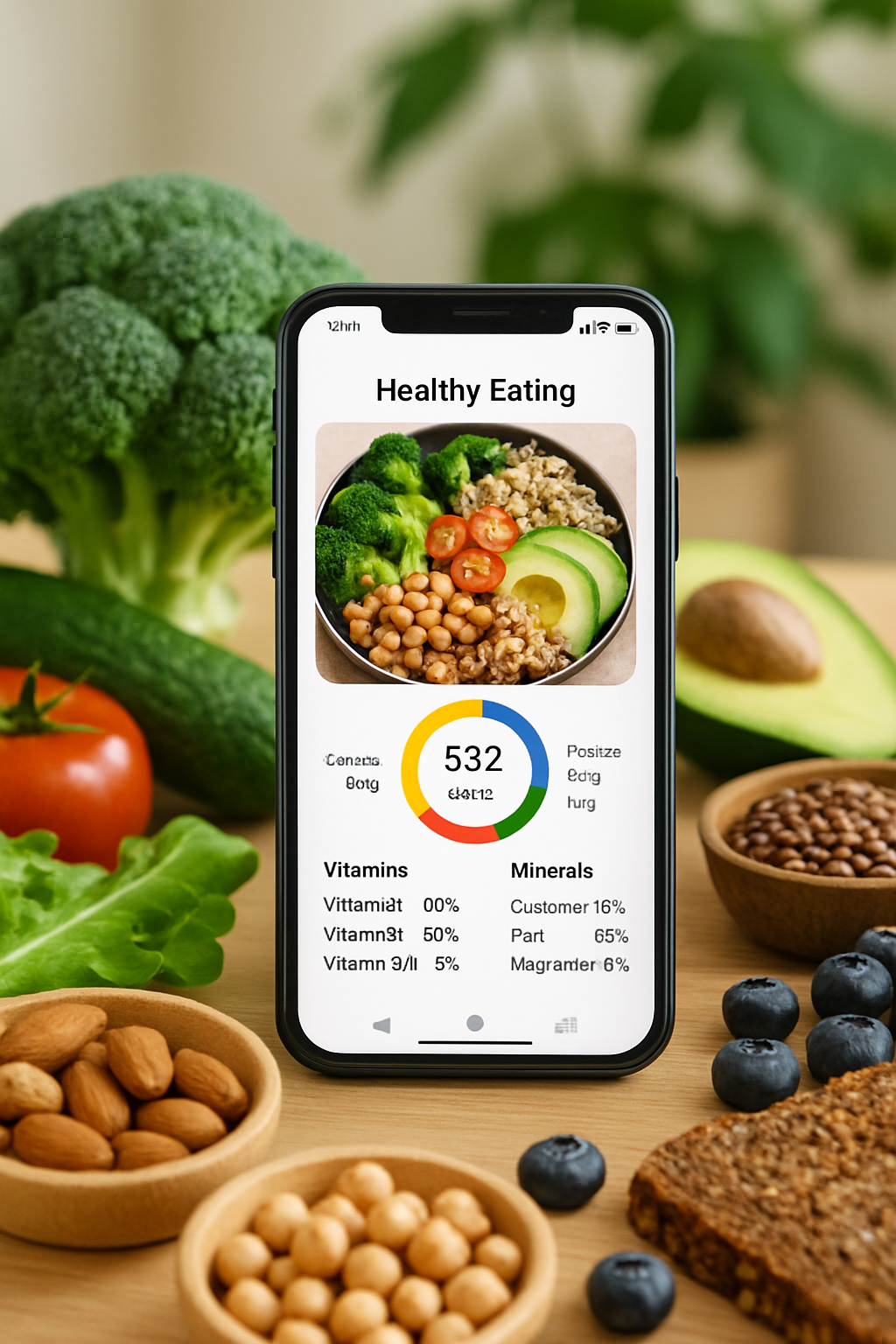 A smartphone showing the SnapEat AI app interface, which is analyzing a photo of a healthy salad to provide instant nutrition tracking data.