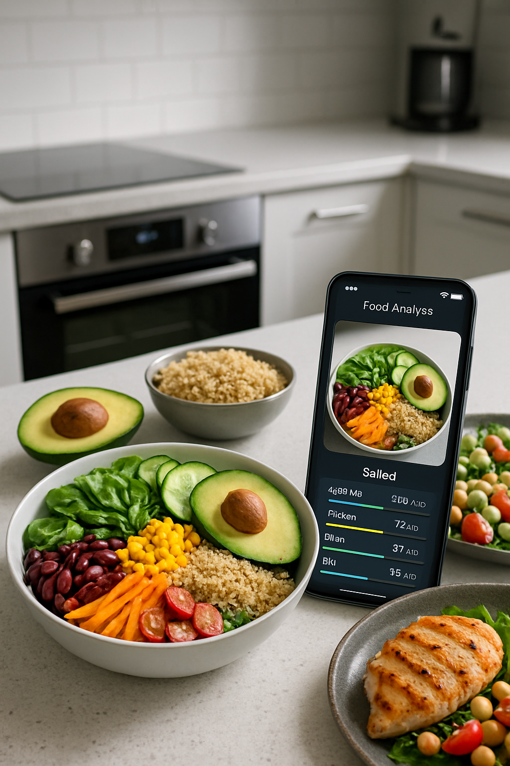 Smartphone showing the SnapEat AI calorie tracker app using food recognition on a plate of chicken and salad.