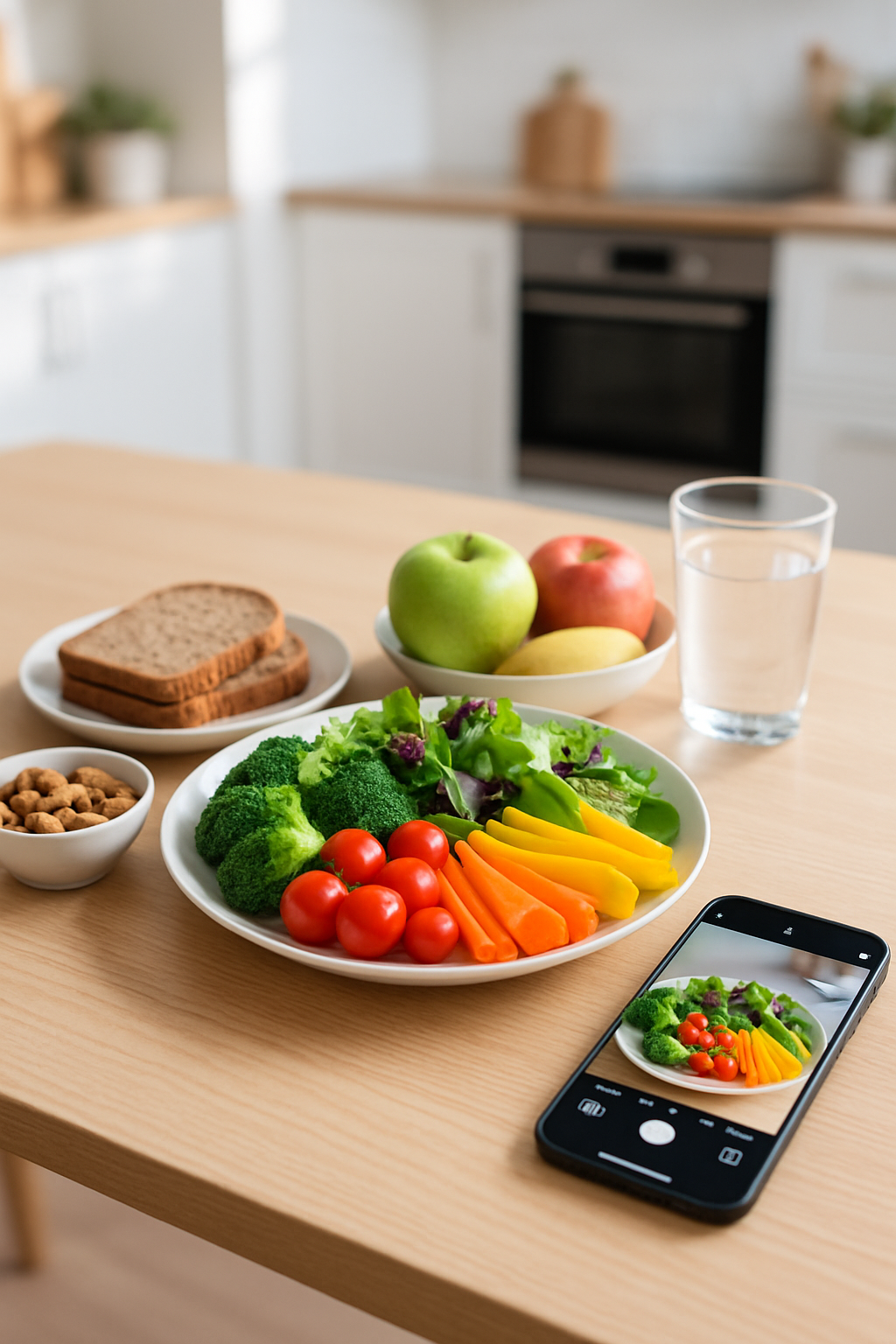 A smartphone showing the SnapEat AI food tracking app interface, with a healthy meal in the background, symbolizing slaying health goals.