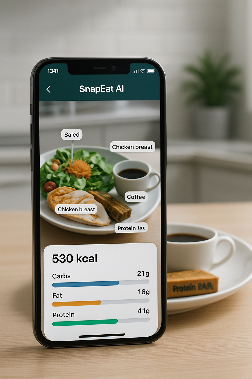A person uses the SnapEat AI nutrition app on their phone to track the calories of a meal by taking a photo.