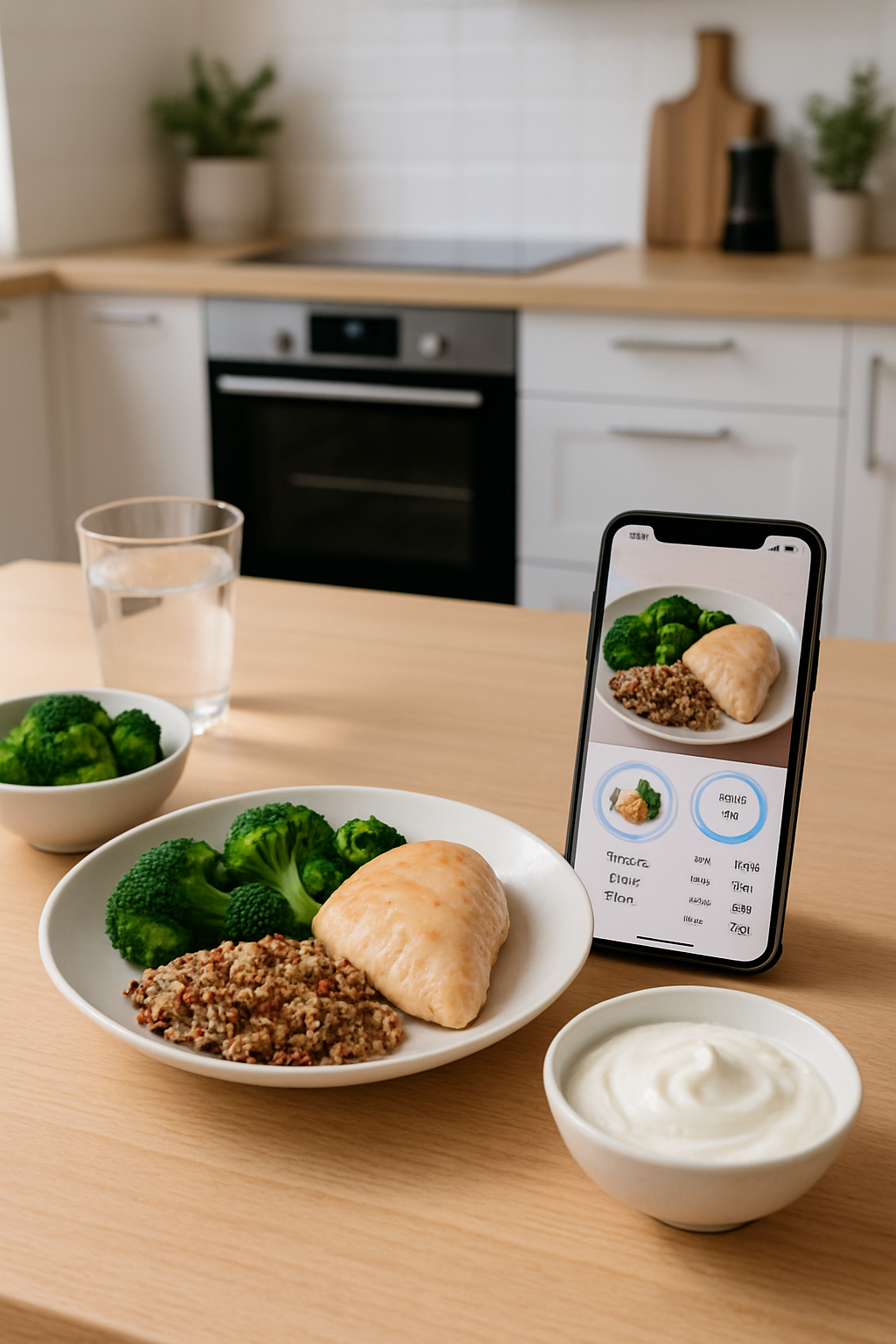A smartphone displaying the SnapEat AI food tracker app interface, analyzing a healthy meal of salmon and vegetables.