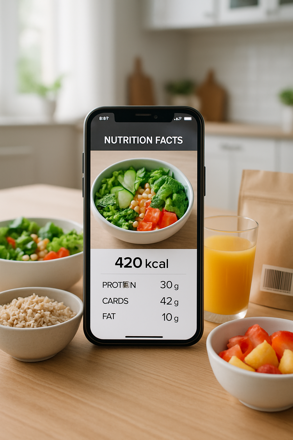 A smartphone displaying the SnapCal AI app interface, showing food recognition of a meal with calorie and macro details.