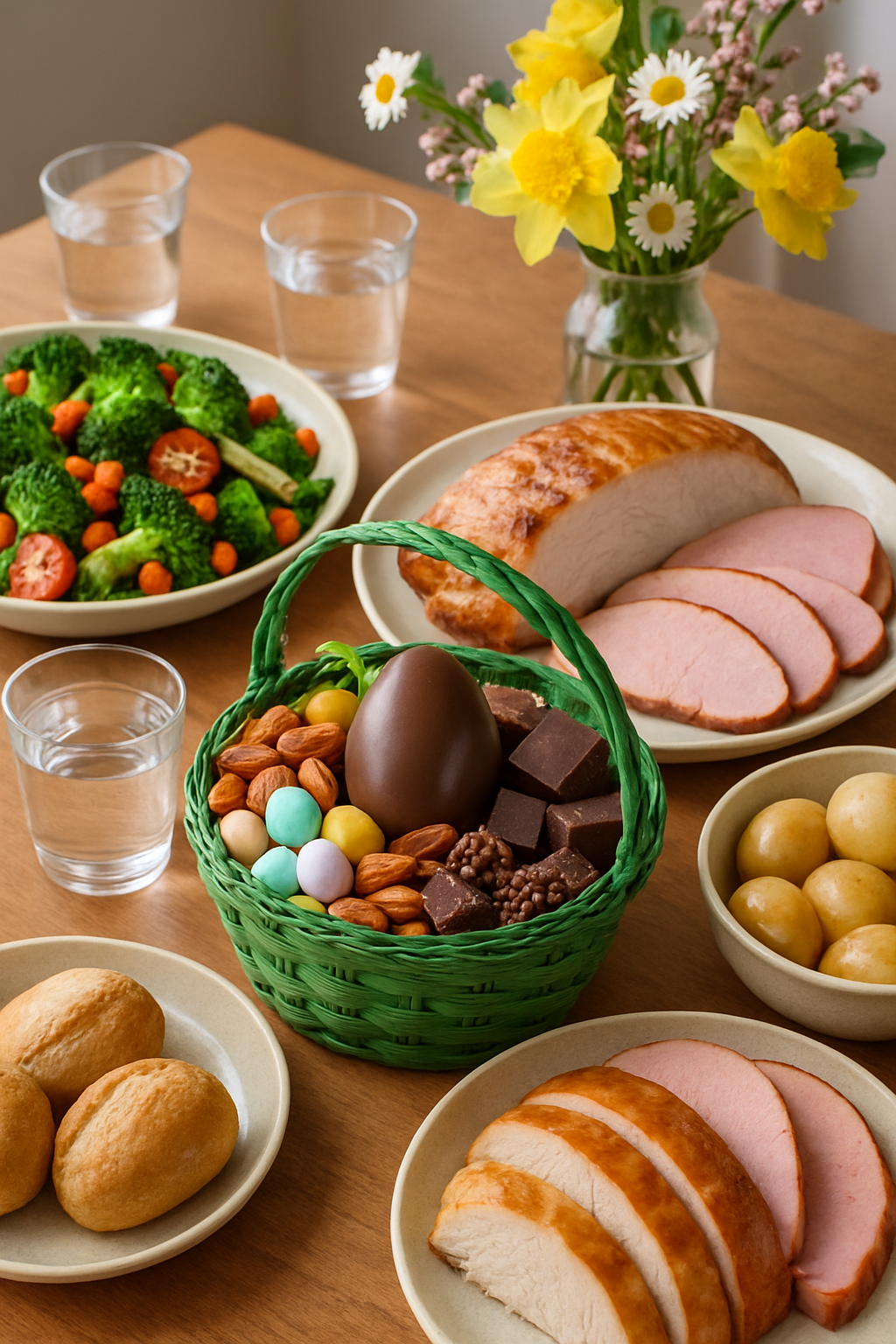 A healthy Easter meal with vegetables and lean protein on a plate next to a phone showing the SnapEat AI nutrition coach app.