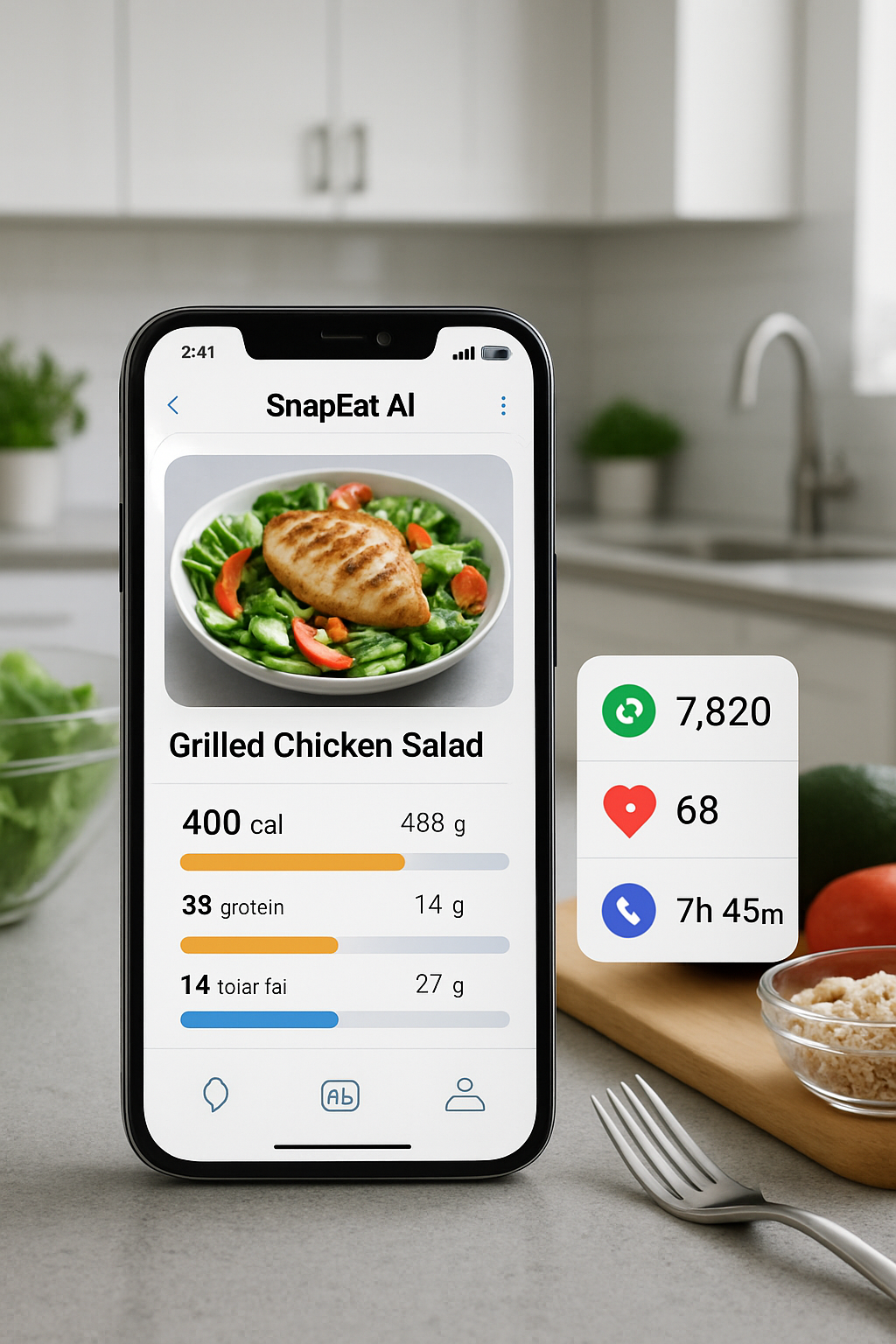 Phone showing the SnapEat AI app interface analyzing a healthy meal with the text AI Nutrition Coach