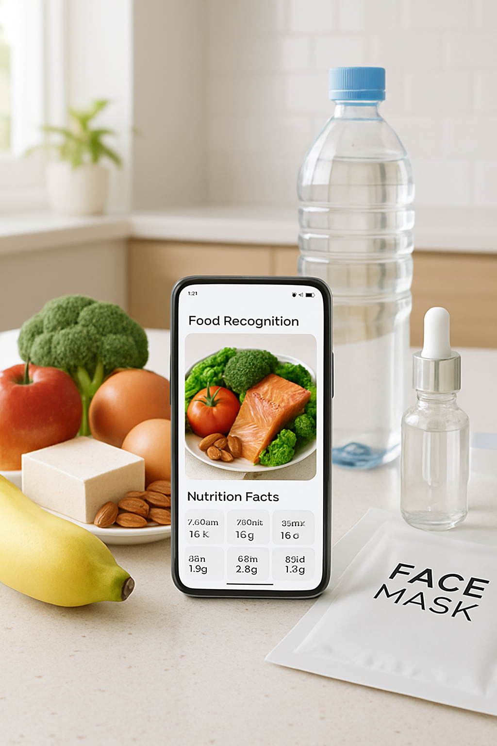 Woman using SnapEat AI calorie counter app to log a healthy meal for better skin and beauty.