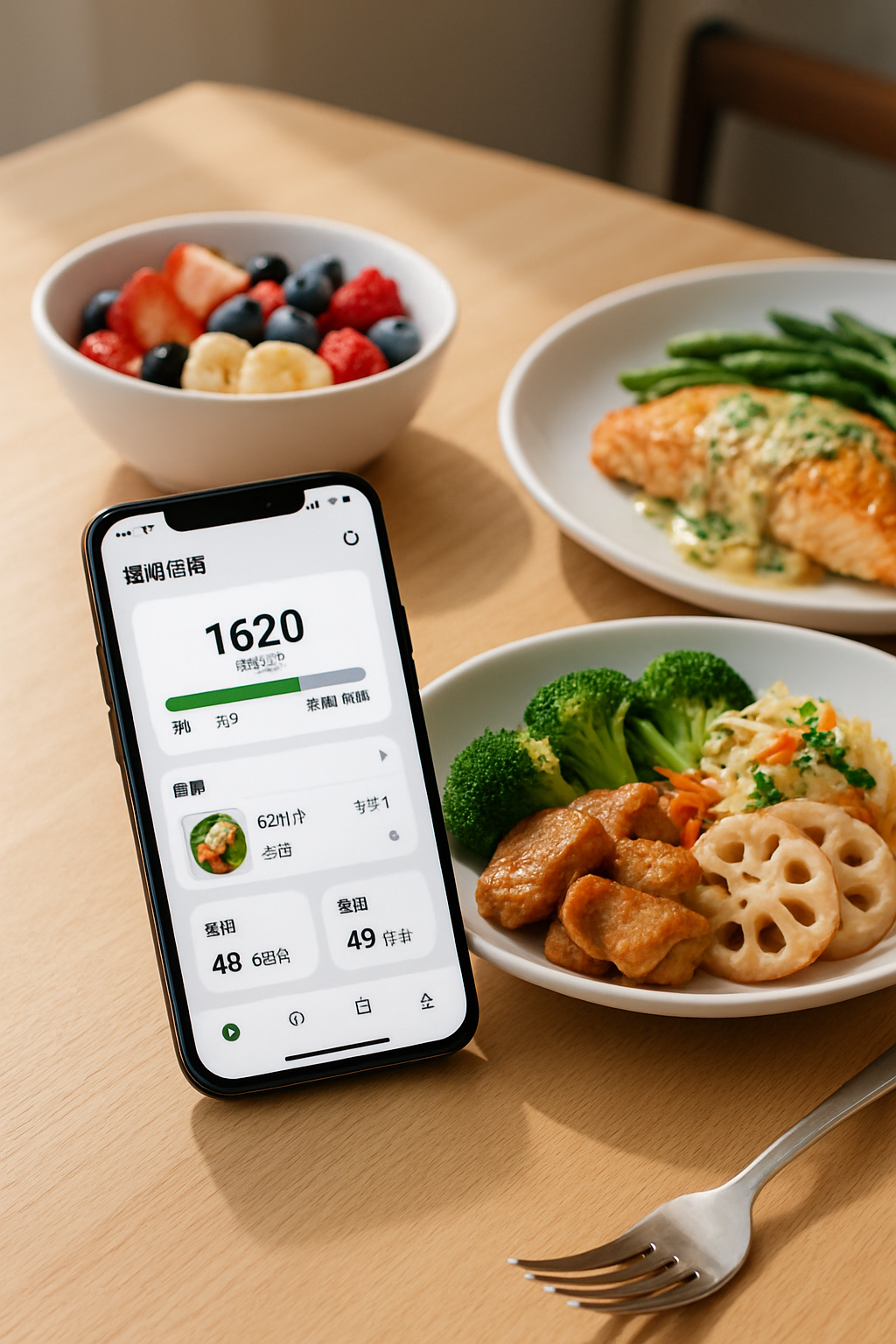 A phone showing SnapCal Counter analyzing a photo of a nutritious salmon and vegetable meal.