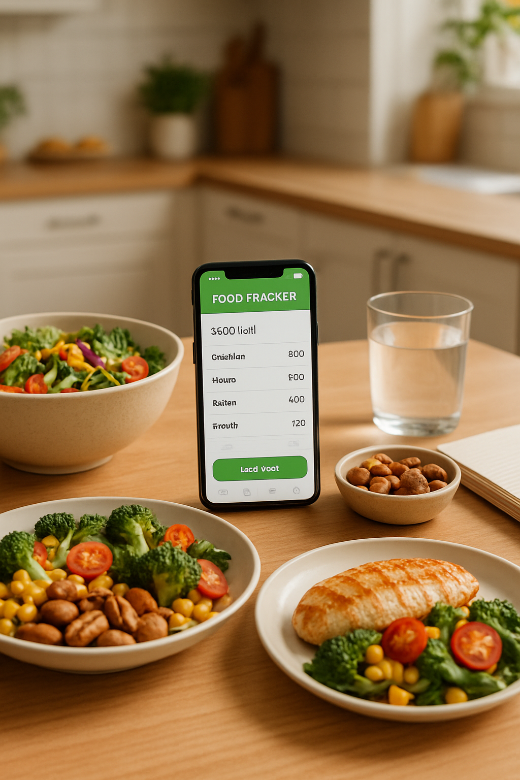 A smartphone showing the SnapEat AI app analyzing a photo of a healthy salmon and vegetable meal.