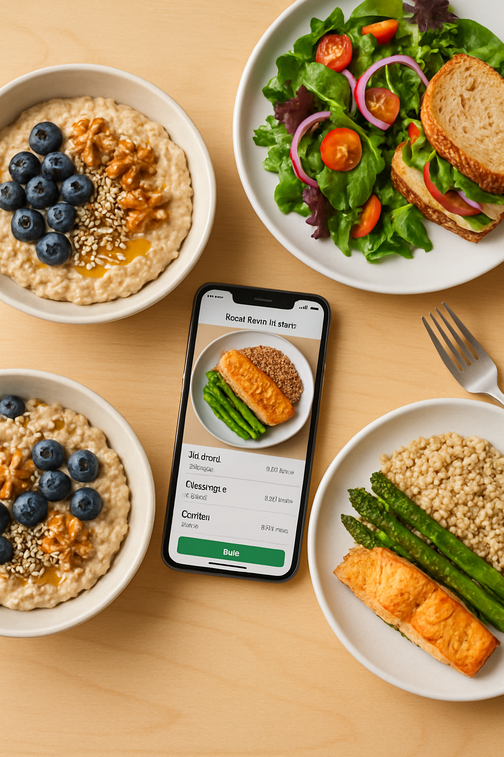 A smartphone running the SnapEat AI app, using its camera to scan and recognize food on a plate for calorie tracking.