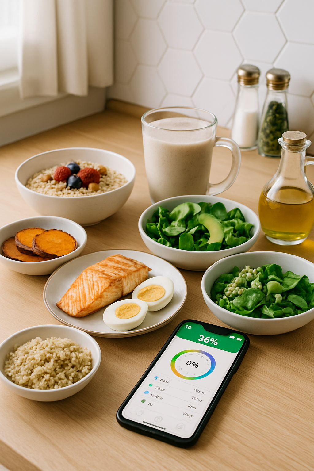 David Montgomery diet plan principles illustrated by the player in action and a plate of healthy food.