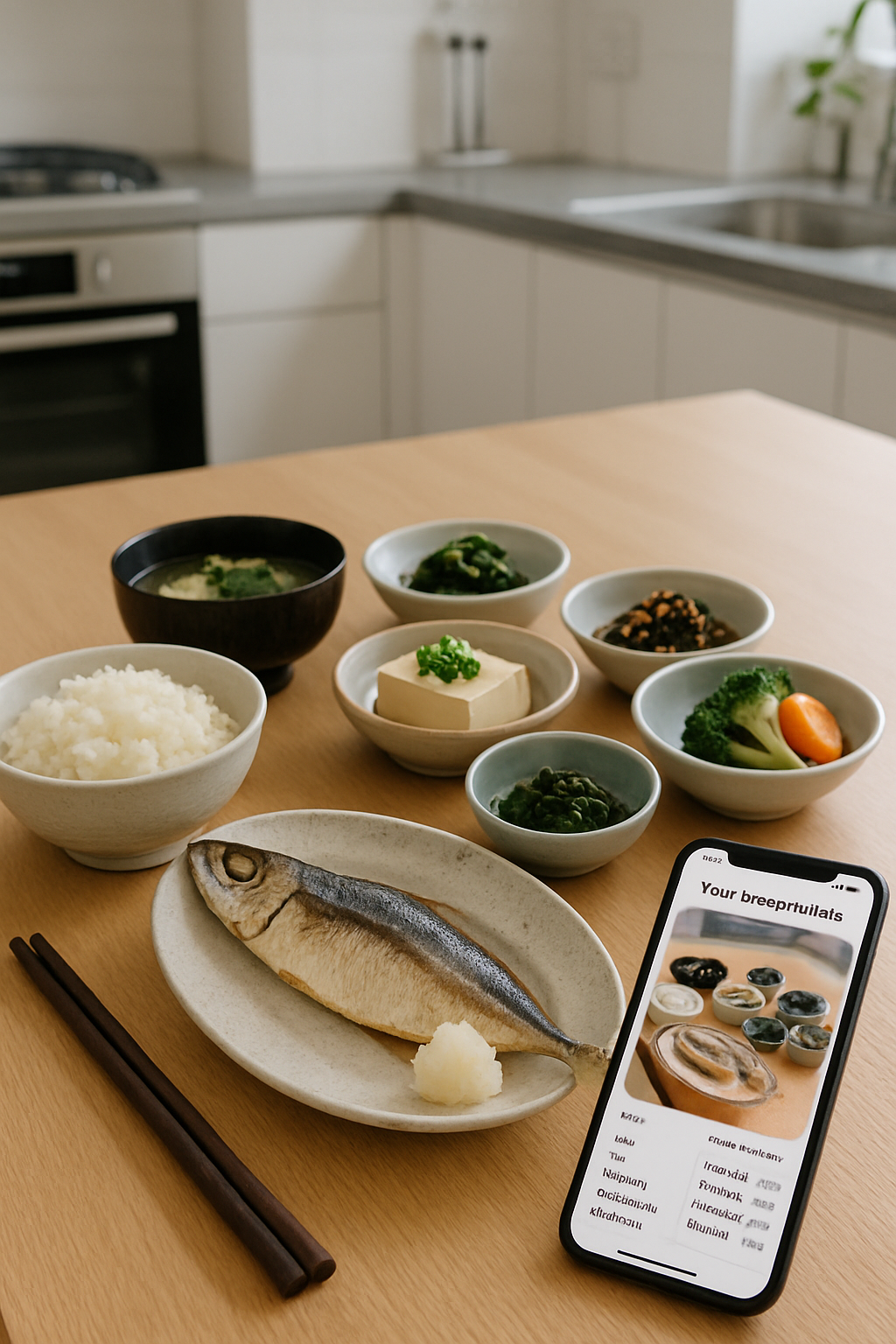A balanced Japanese meal with sushi and vegetables being analyzed by the SnapEat AI meal tracking app on a smartphone.