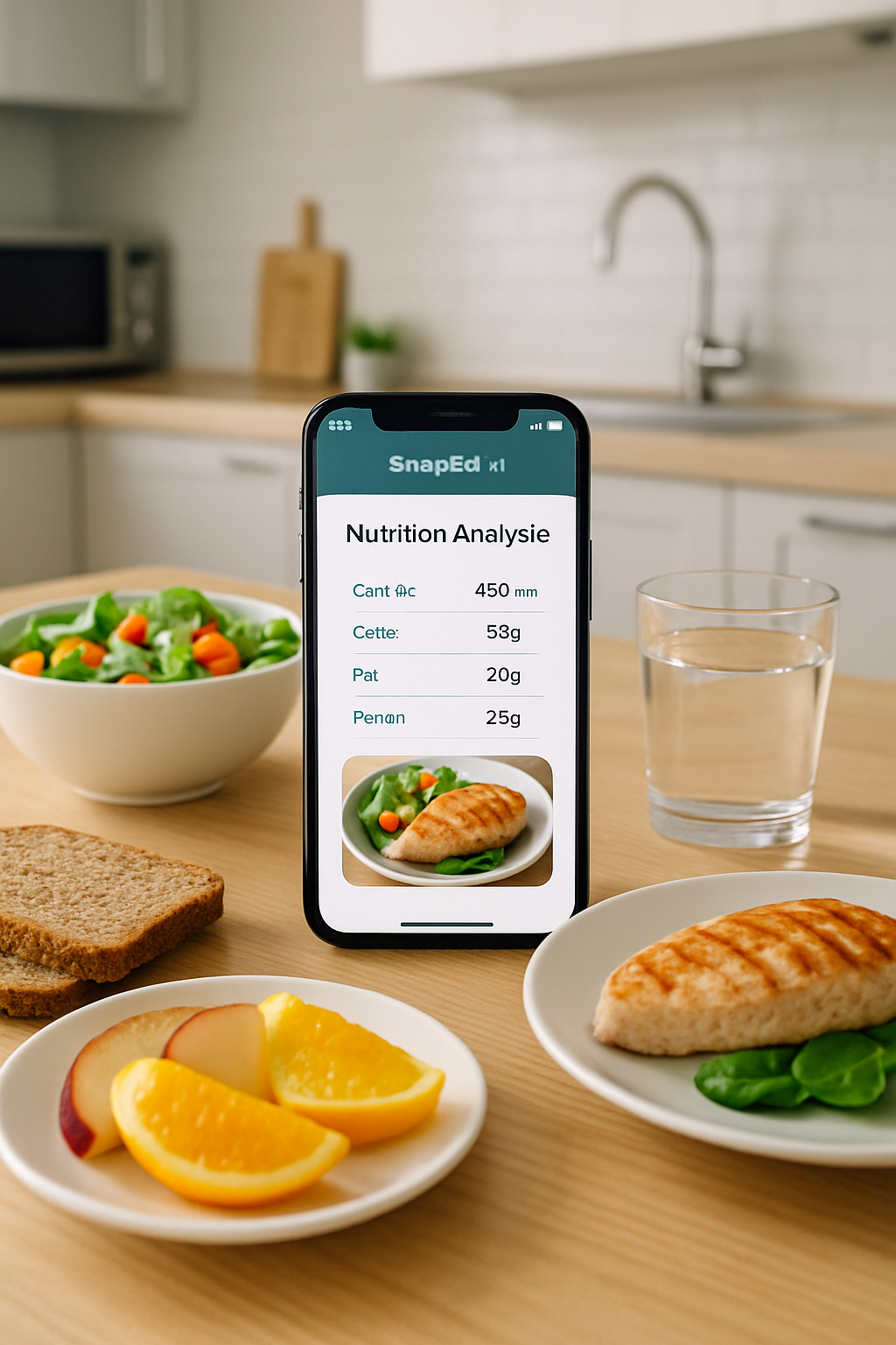 Smartphone displaying the SnapEat AI food tracker app interface with data on a healthy meal.