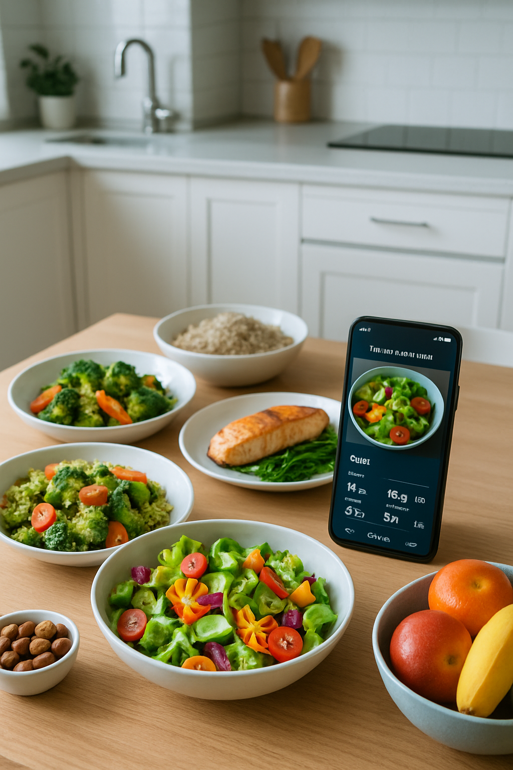 A vibrant Sadie Sink inspiring health goals, with the SnapEat AI app interface shown tracking a healthy meal.