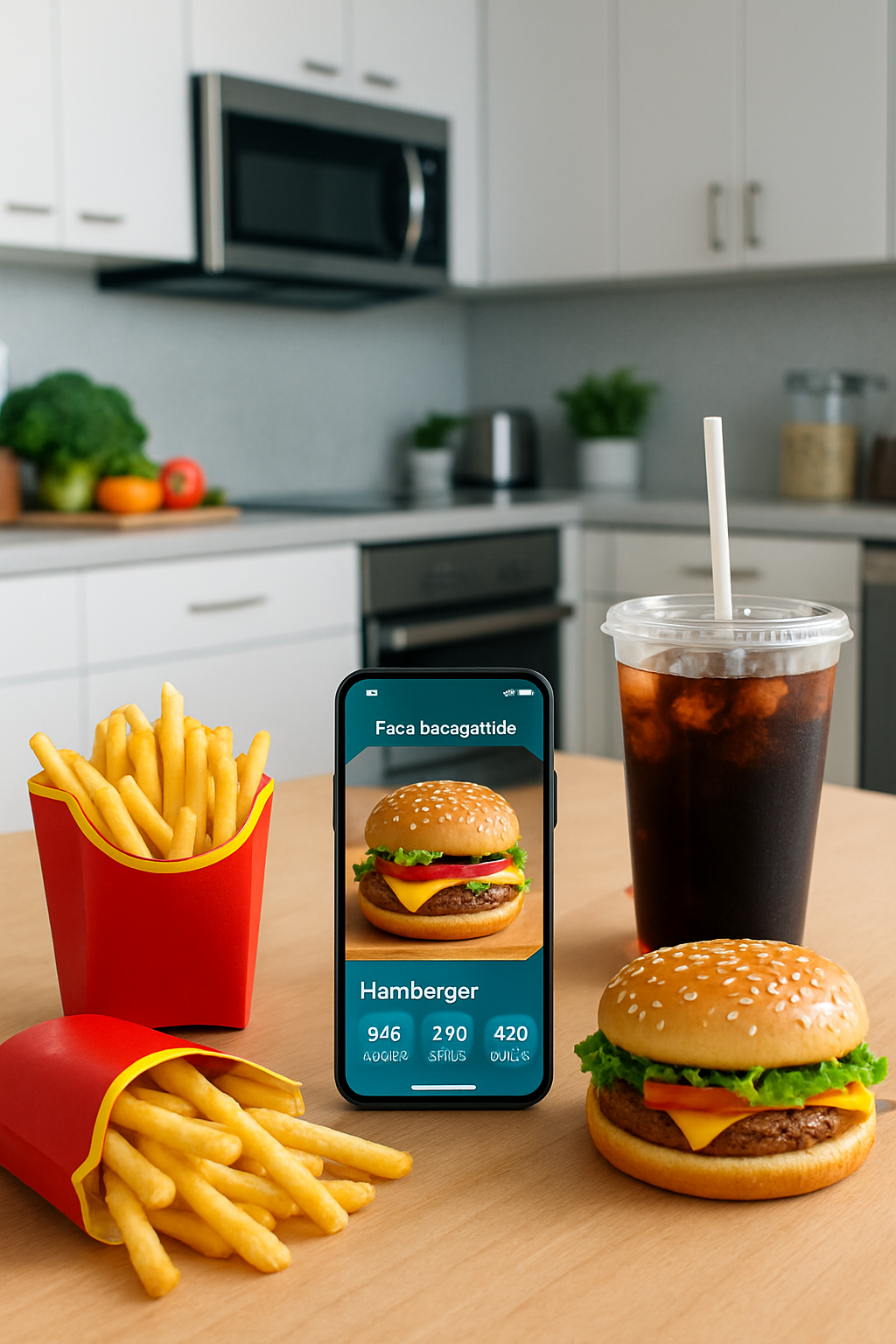 A smartphone using the SnapEat AI food tracker app to scan and log a plate with a burger and salad.