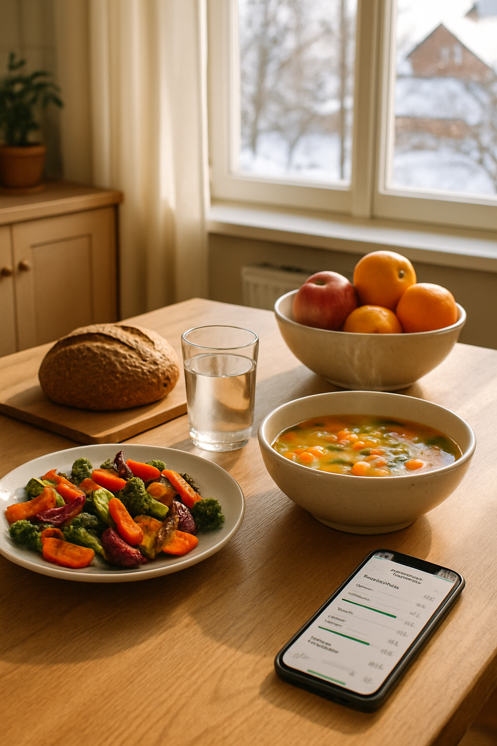 Smartphone showing the SnapEat AI smart food tracker app analyzing a photo of a healthy winter stew