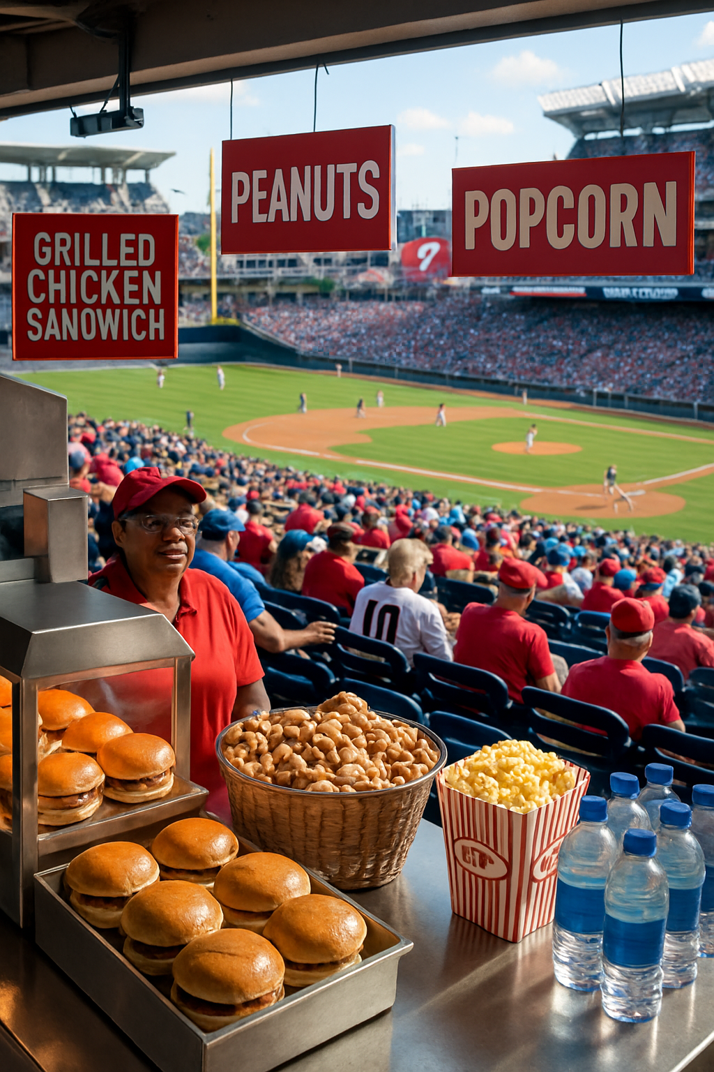 A fan enjoying a healthy grilled chicken sandwich at a Nationals vs Phillies baseball game while using the SnapEat AI app.