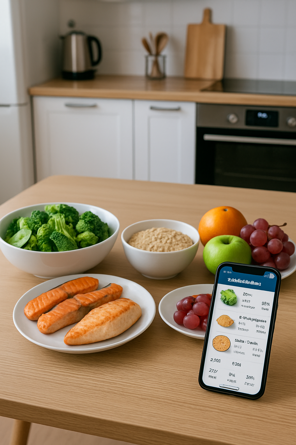 A smartphone showing the SnapEat AI food tracker app interface, analyzing a photo of a healthy meal of salmon and vegetables.
