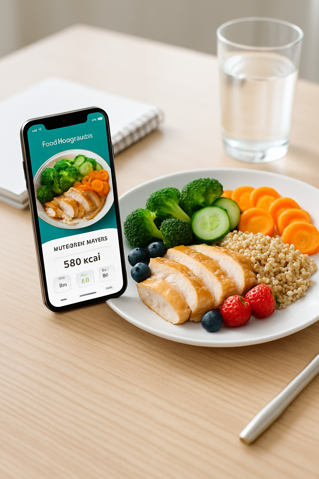 Smartphone screen showing the SnapEat AI app analyzing a photo of a healthy meal with detailed nutritional data.