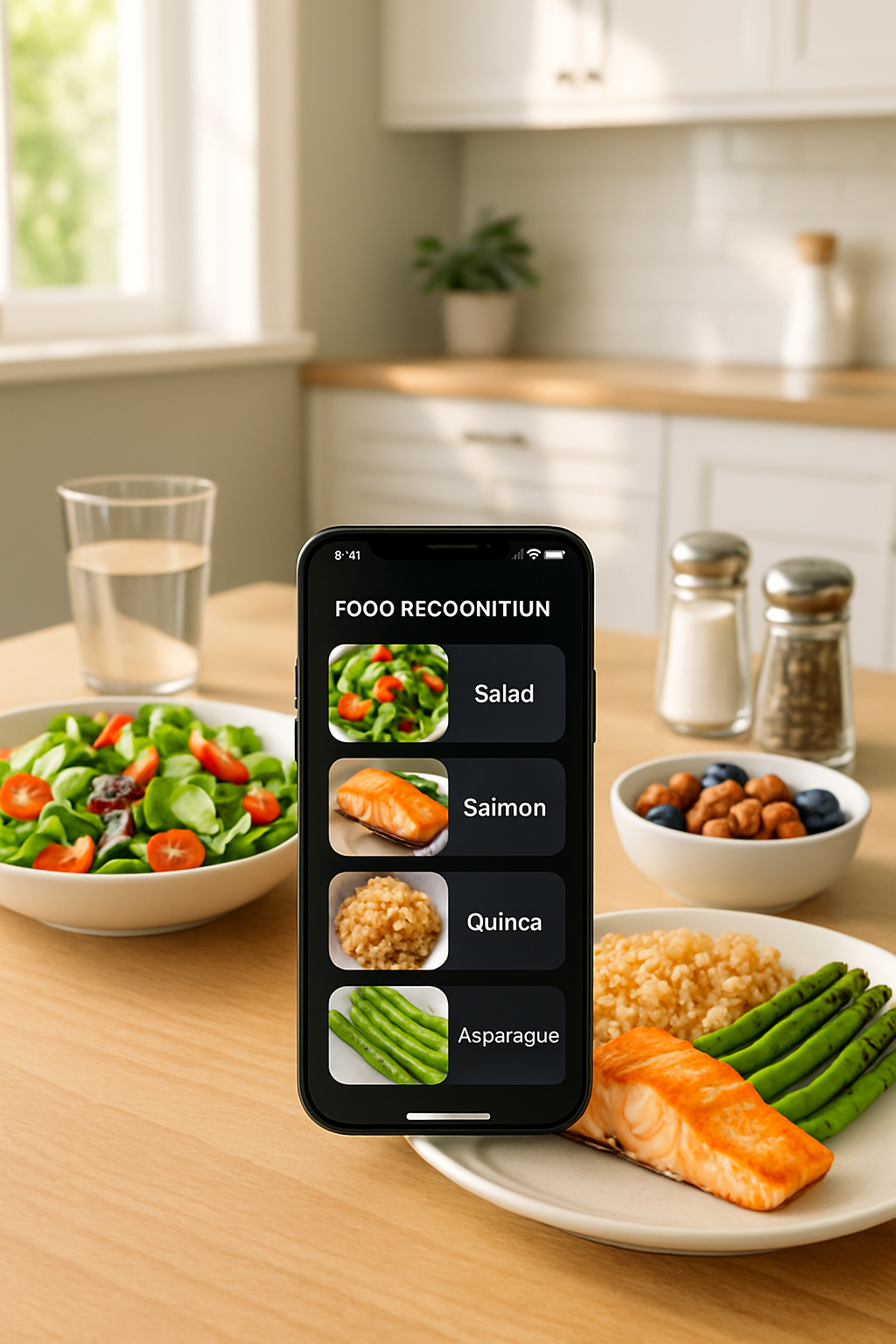 Smartphone screen showing the SnapEat AI food recognition app analyzing a healthy meal of salmon, quinoa, and asparagus.