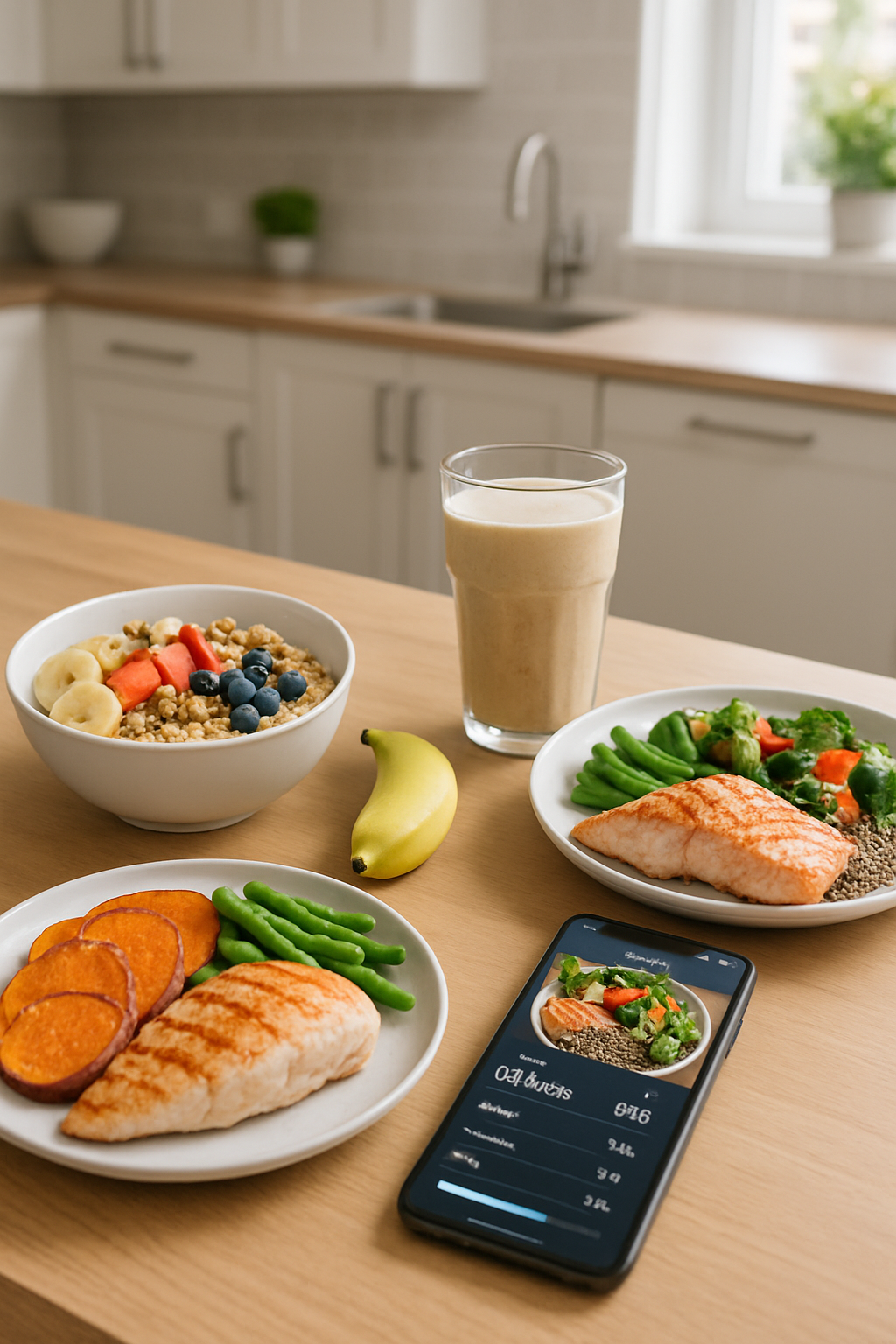 Athlete using a smart nutrition tracking app on their phone to log a healthy meal of salmon and vegetables for peak performance.