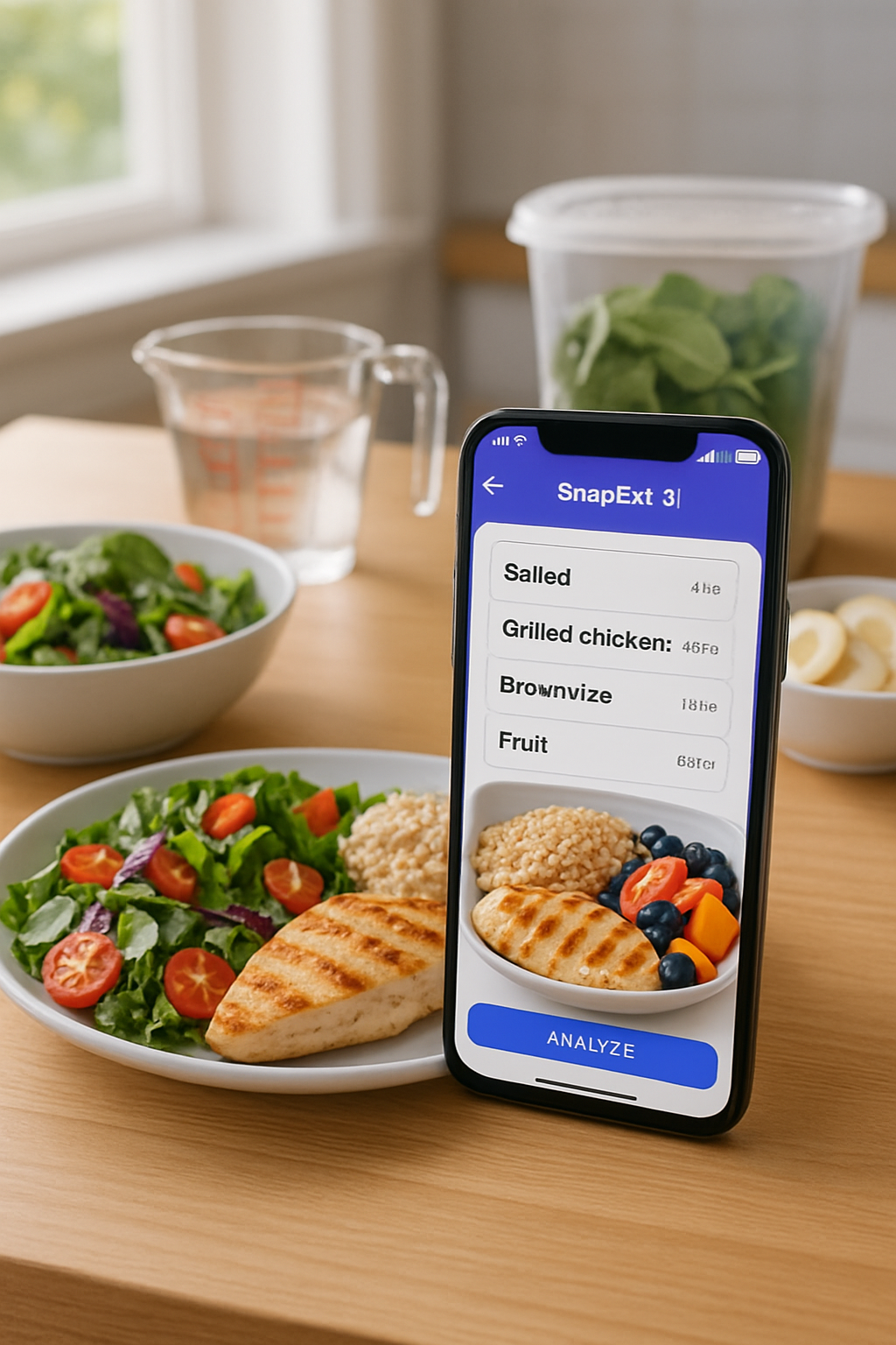 A smartphone displaying the SmartFood Coach AI app interface, analyzing a photo of a healthy salad.