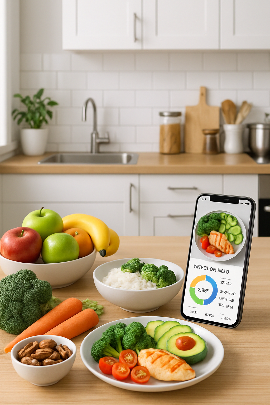 A smartphone displaying the SnapEat AI calorie counter app analyzing a photo of a healthy meal with salmon and vegetables.