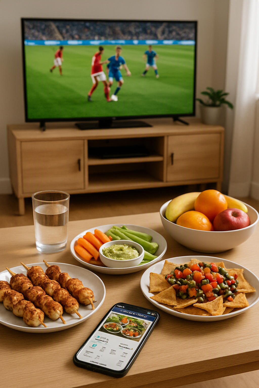 A healthy spread of game day snacks like veggie skewers and guacamole for the Atlas vs Monterrey match, with a phone showing the SnapEat AI app.