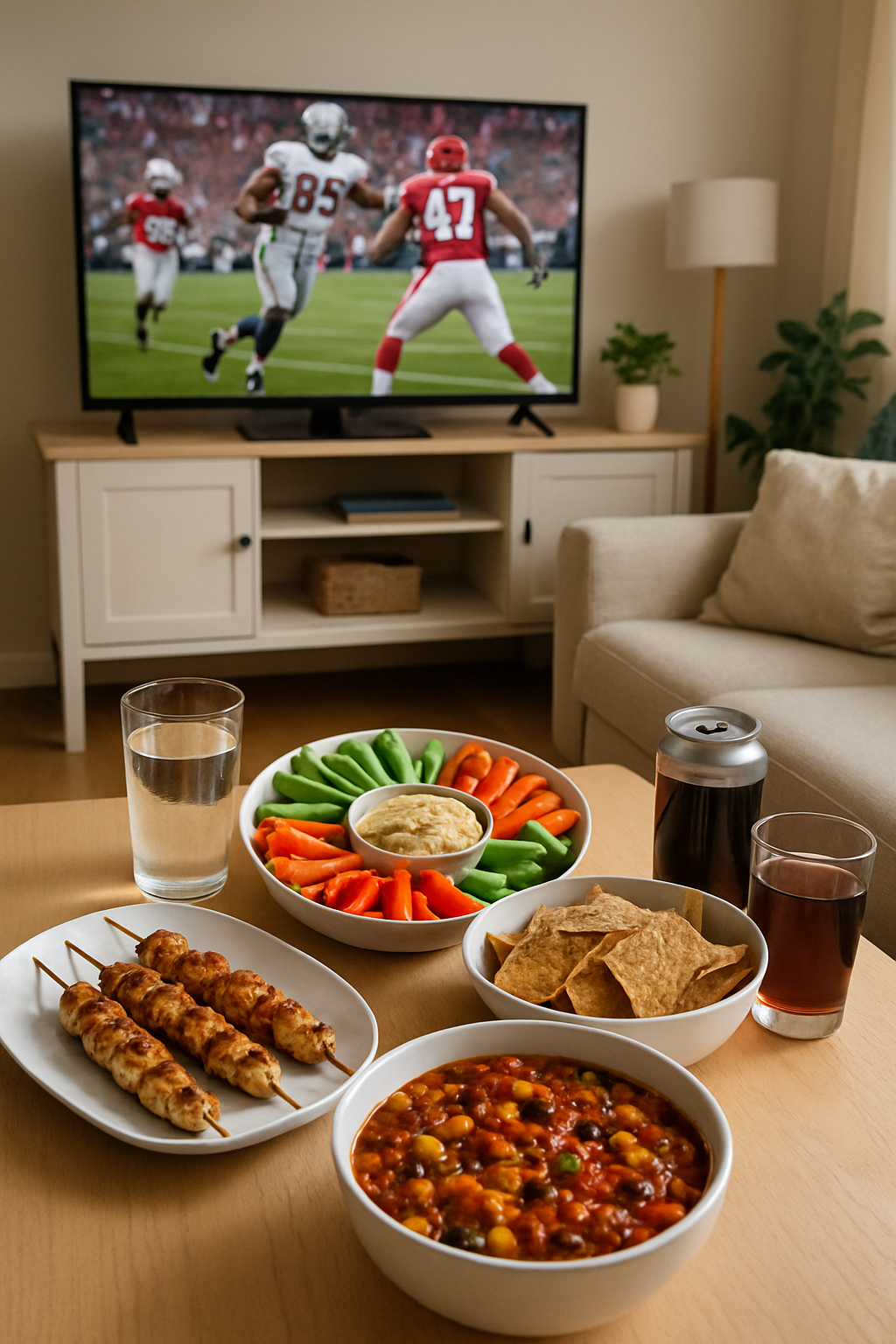 A plate of healthy game day nutrition choices like grilled chicken and veggie sticks, with the SnapEat AI logo nearby.