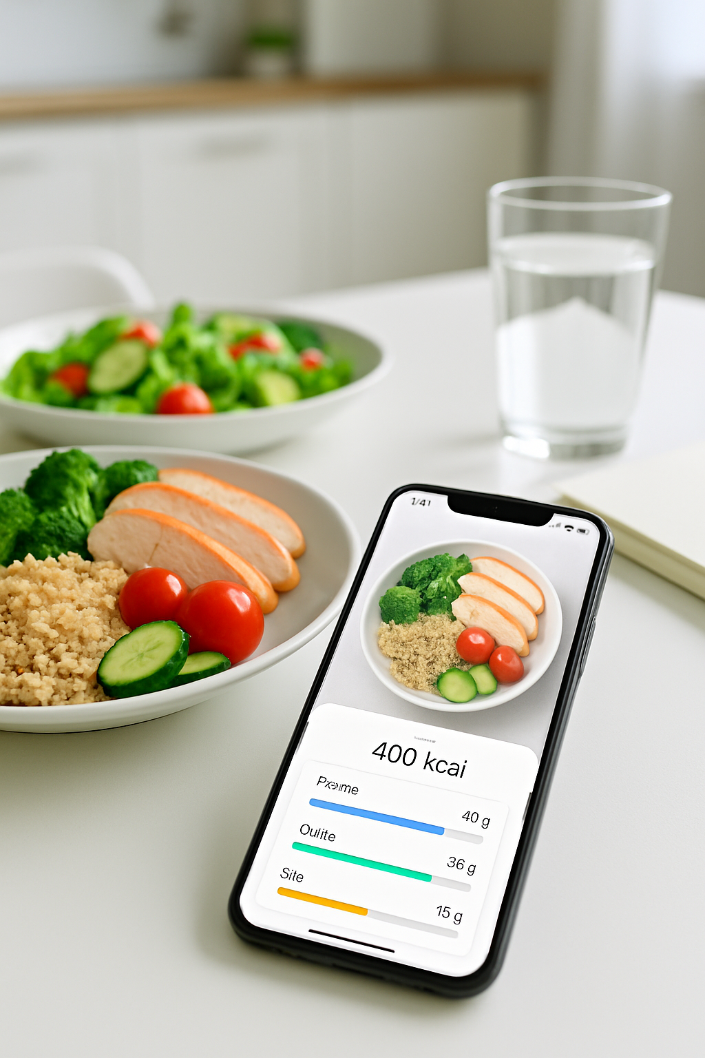 A smartphone displaying the SnapEat AI nutrition tracker app, analyzing a photo of a healthy meal with salmon and vegetables