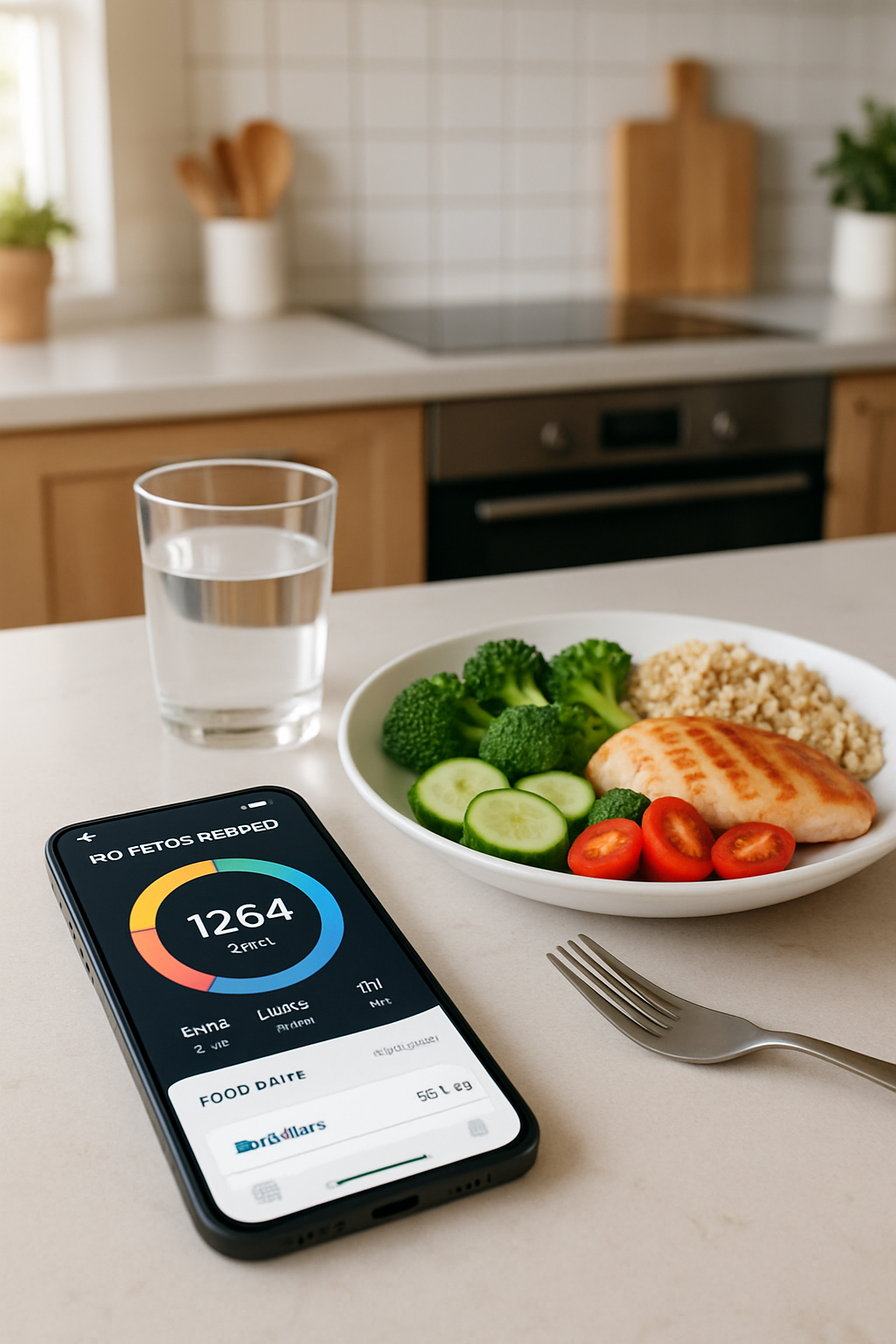 Smartphone screen showing the SnapEat AI nutrition coach app analyzing a photo of a salad to calculate calories and macros, demonstrating the smart calorie counter feature.