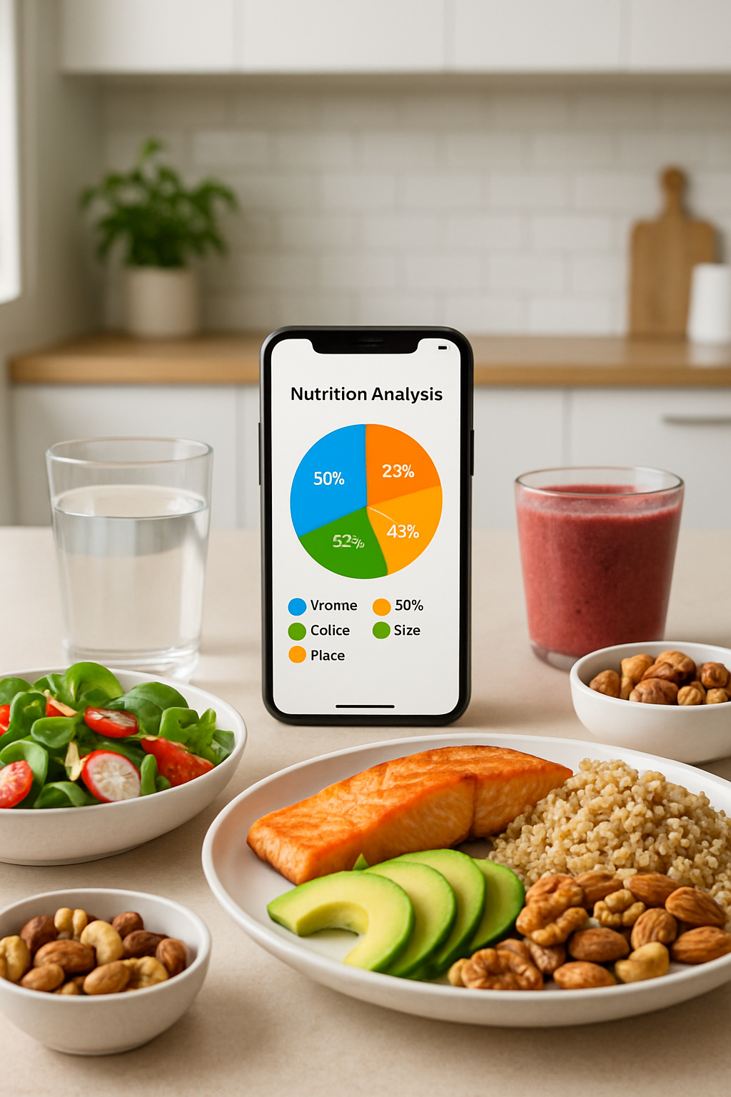 A healthy meal of salmon, avocado, and quinoa with the SnapEat AI app interface overlay showing food recognition and nutritional analysis.
