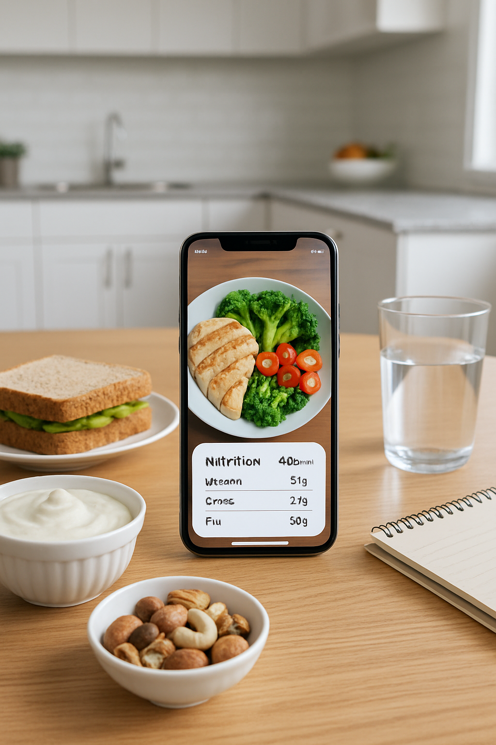 A smartphone displaying the SnapEat AI app analyzing a photo of a healthy meal of salmon and vegetables