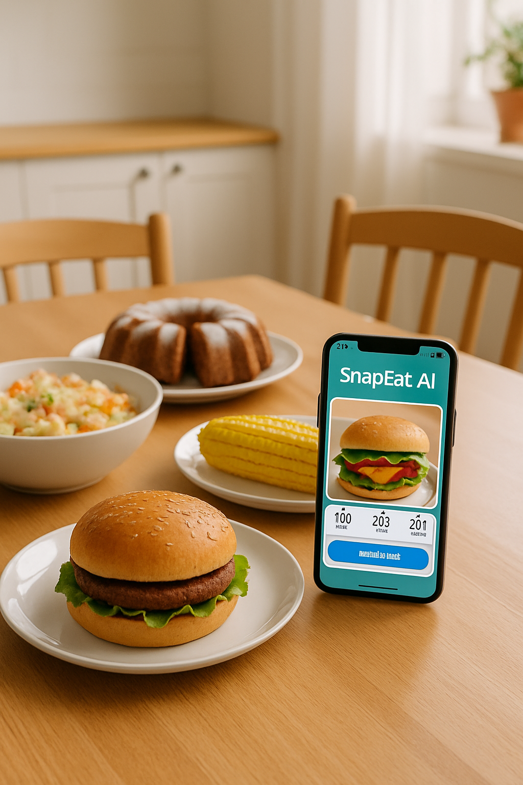 A smartphone showing the SnapEat AI app analyzing a healthy meal, symbolizing the start of a healthy journey towards food freedom.