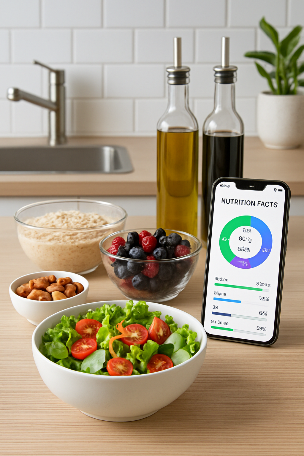 A smartphone showing the SnapEat AI app interface with nutritional data, next to a healthy meal.