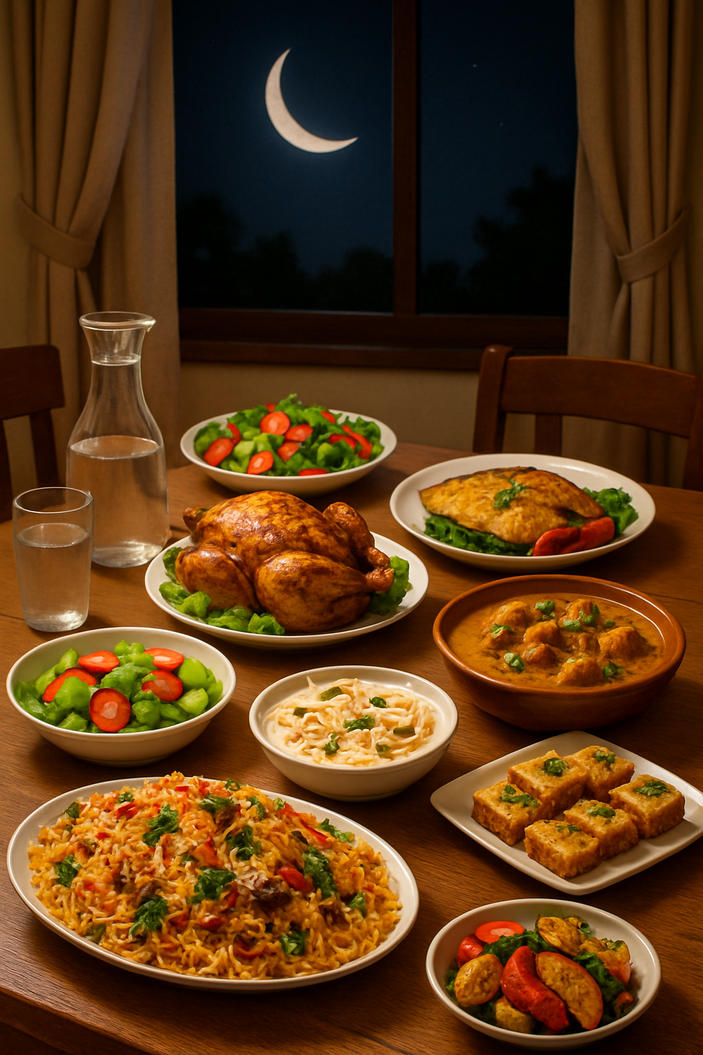 A festive Eid dining table with traditional foods like Biryani, kebabs, and salads.