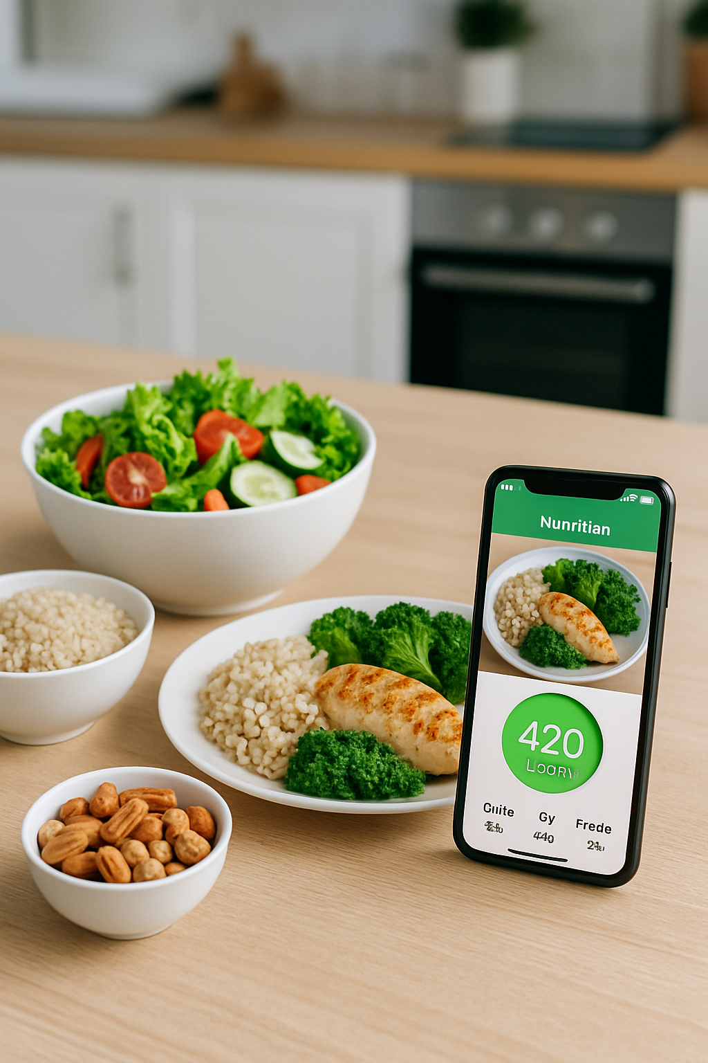 Smartphone showing the SnapEat AI meal tracker app interface analyzing a photo of a healthy meal with nutritional data.