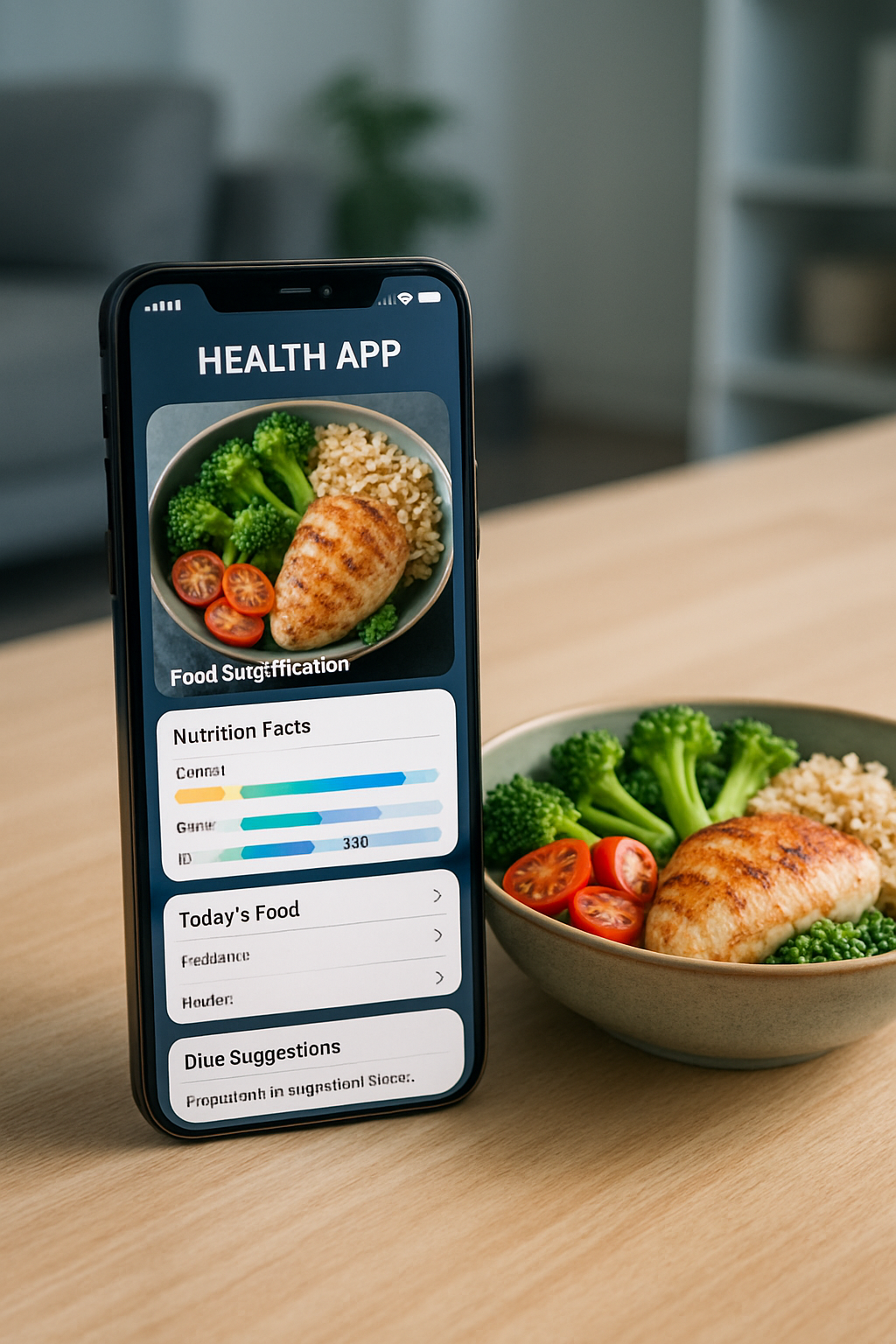A smartphone showing the SnapEat AI app interface, which is analyzing a photo of a healthy meal to provide nutrition data.