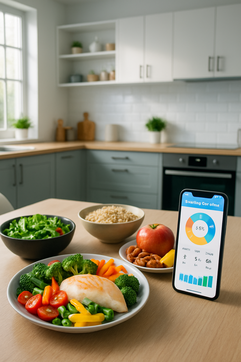 A person uses the SnapEat AI nutrition tracker on their phone, taking a photo of a healthy meal to automatically log calories and macros.
