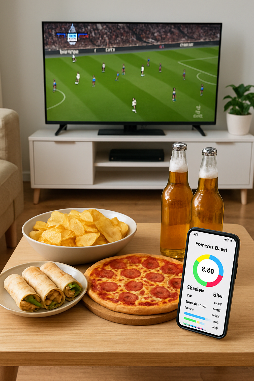 A smartphone using the SnapEat AI nutrition tracker app to analyze a healthy meal with a football match in the background.