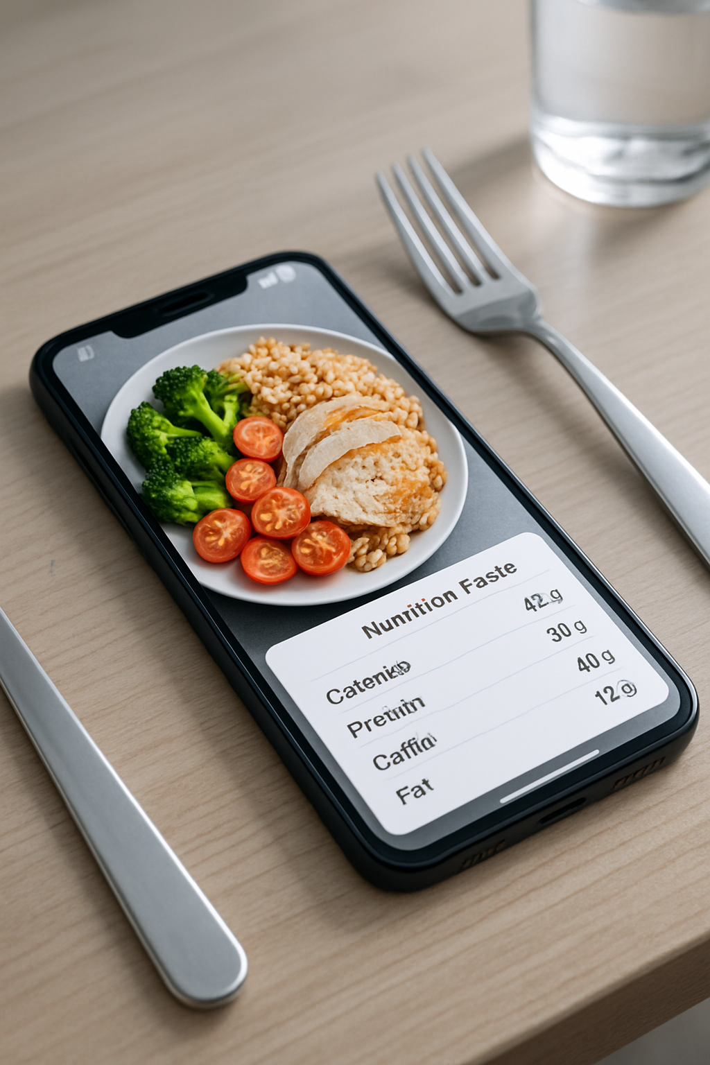 A meal on a table with a phone showing the SnapEat AI app using food recognition to perform calorie tracking.
