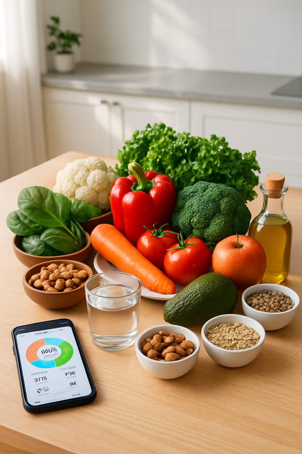 A healthy meal inspired by the Elsie Hewitt diet, with a phone showing the SnapEat AI nutrition coach interface analyzing the food.
