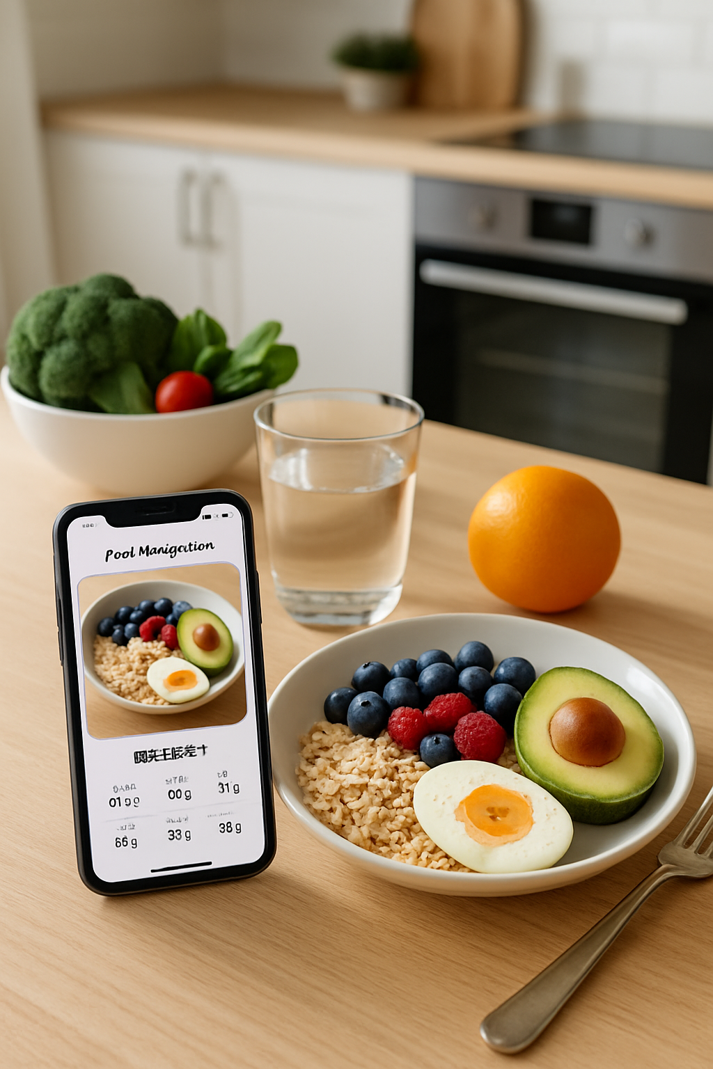 A person taking a photo of their healthy breakfast with the SnapEat AI smart calorie counter app on their phone.
