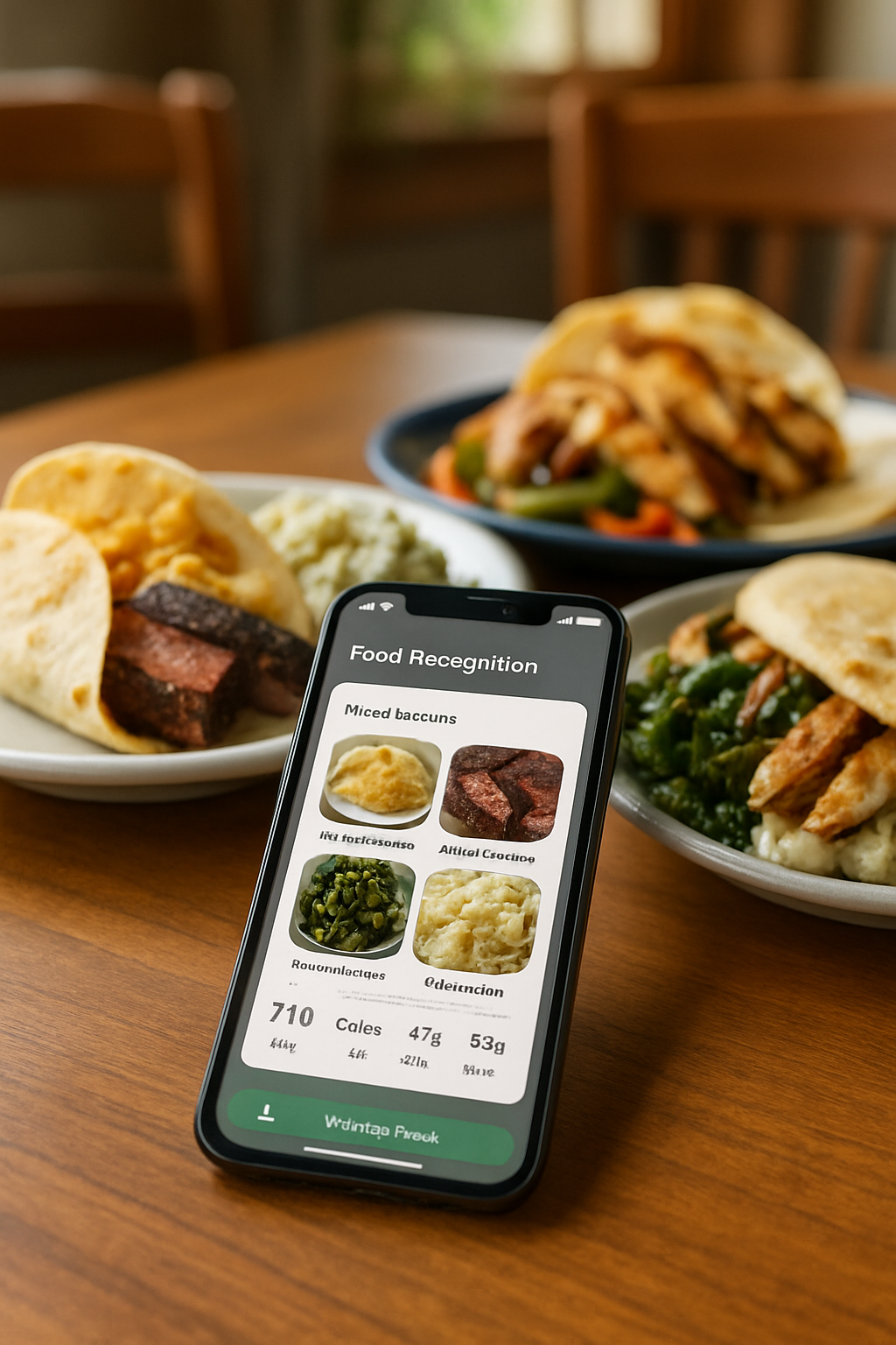 A person using the SnapEat AI food tracker app to take a photo of a plate of San Antonio breakfast tacos with a phone.