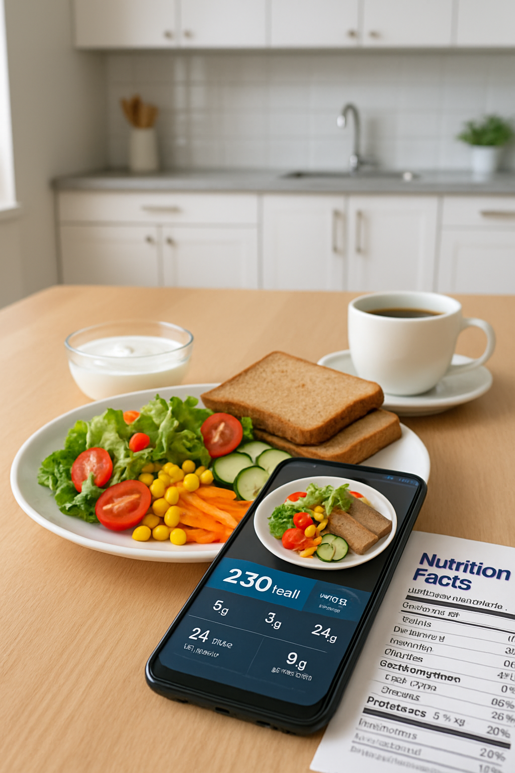 Smartphone showing the SnapEat AI food recognition app analyzing a healthy meal with chicken and vegetables.