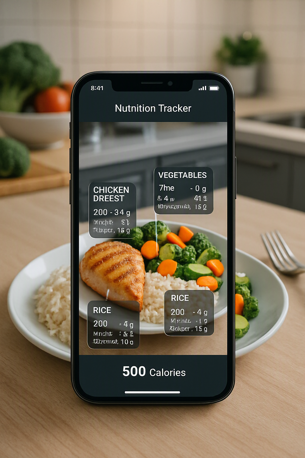 A smartphone showing the SnapEat AI app interface accurately identifying a complex meal to demonstrate smart nutrition tracking technology.
