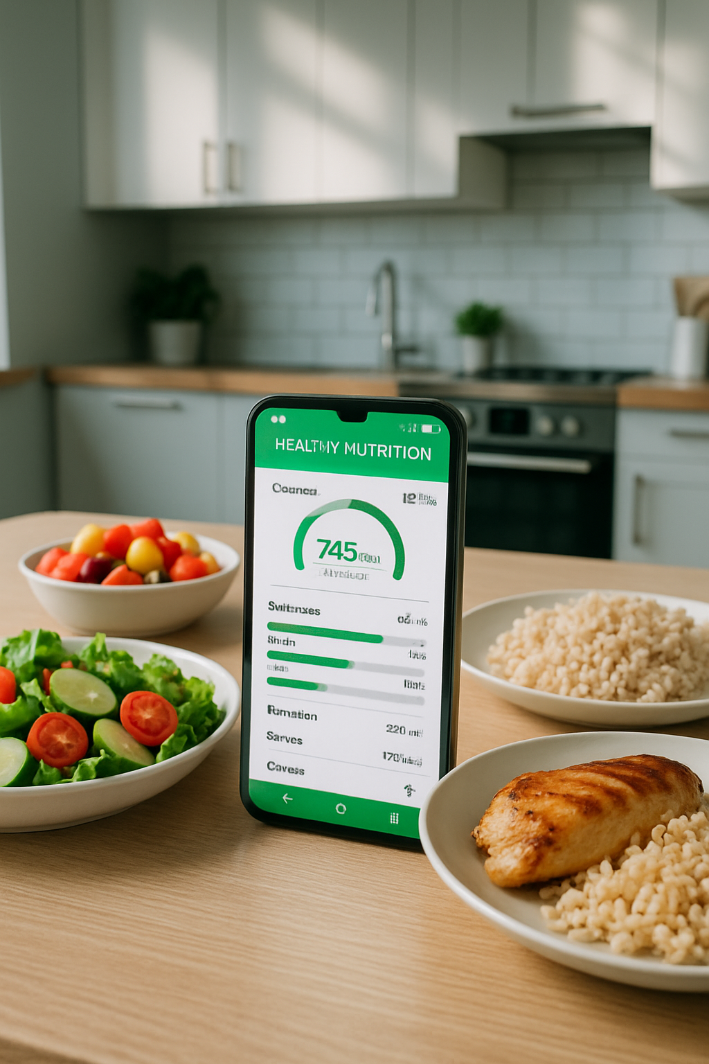 Smartphone showing the SnapCalorie smart calorie counter analyzing a photo of a healthy meal with salmon and vegetables.