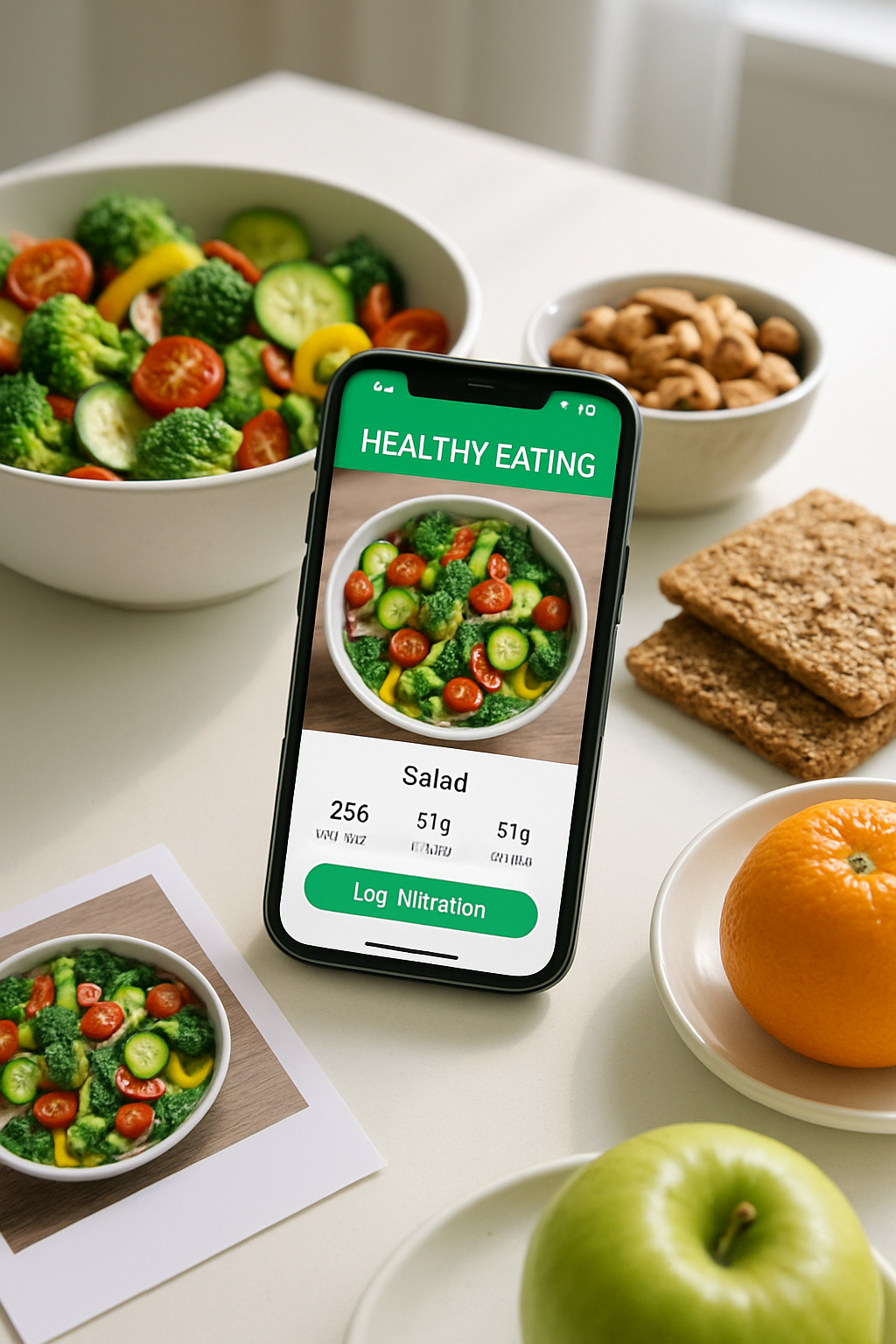 Smartphone showing the SnapEat AI app interface which acts as an AI coach for smarter eating by tracking a healthy meal via photo.